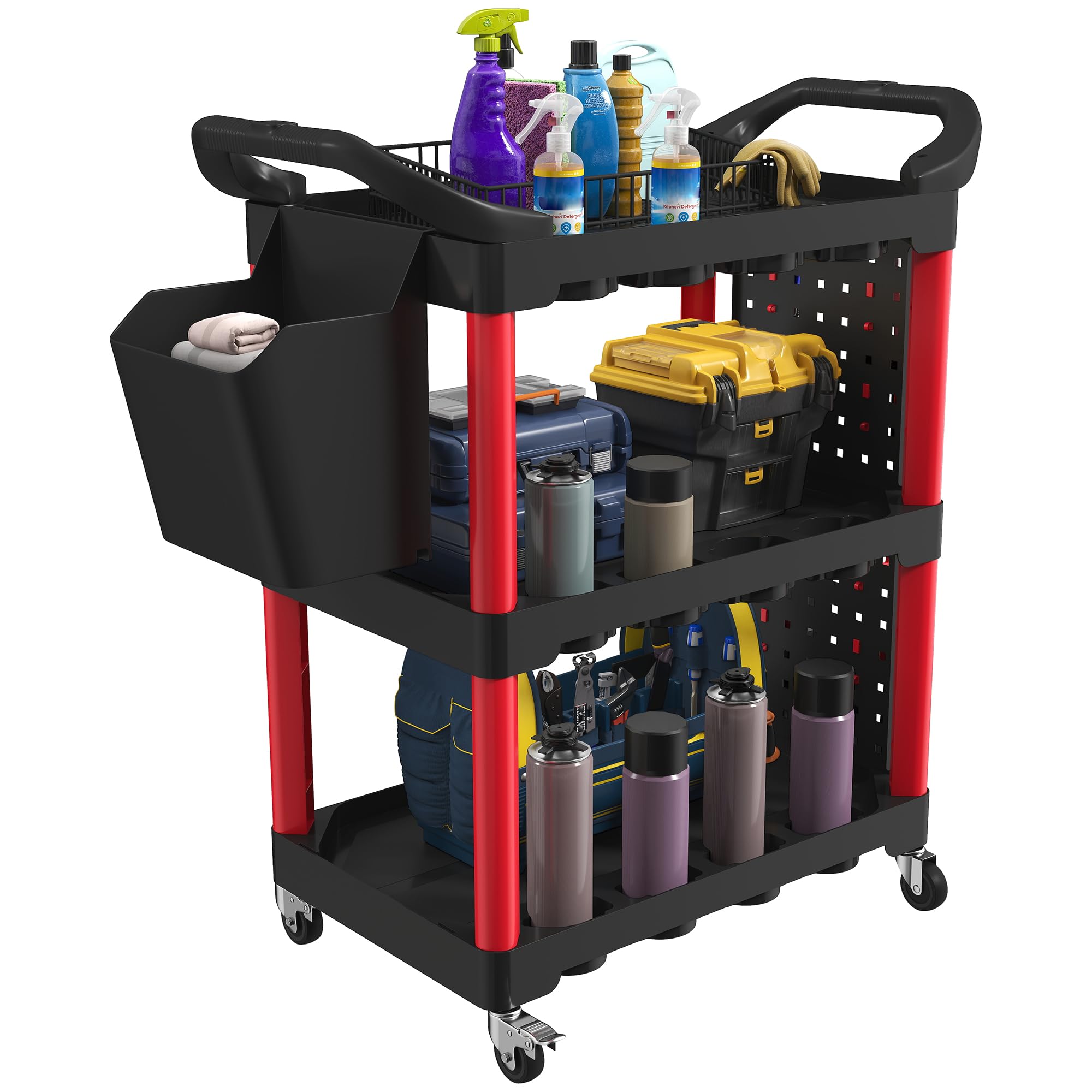 HOMCOM Carro de Taller de 3 Niveles con Paneles Perforados Negro y Rojo | Carro de Herramientas, Asa Lateral, Ganchos, Cubeta, para Garaje Mecánico, Hogar