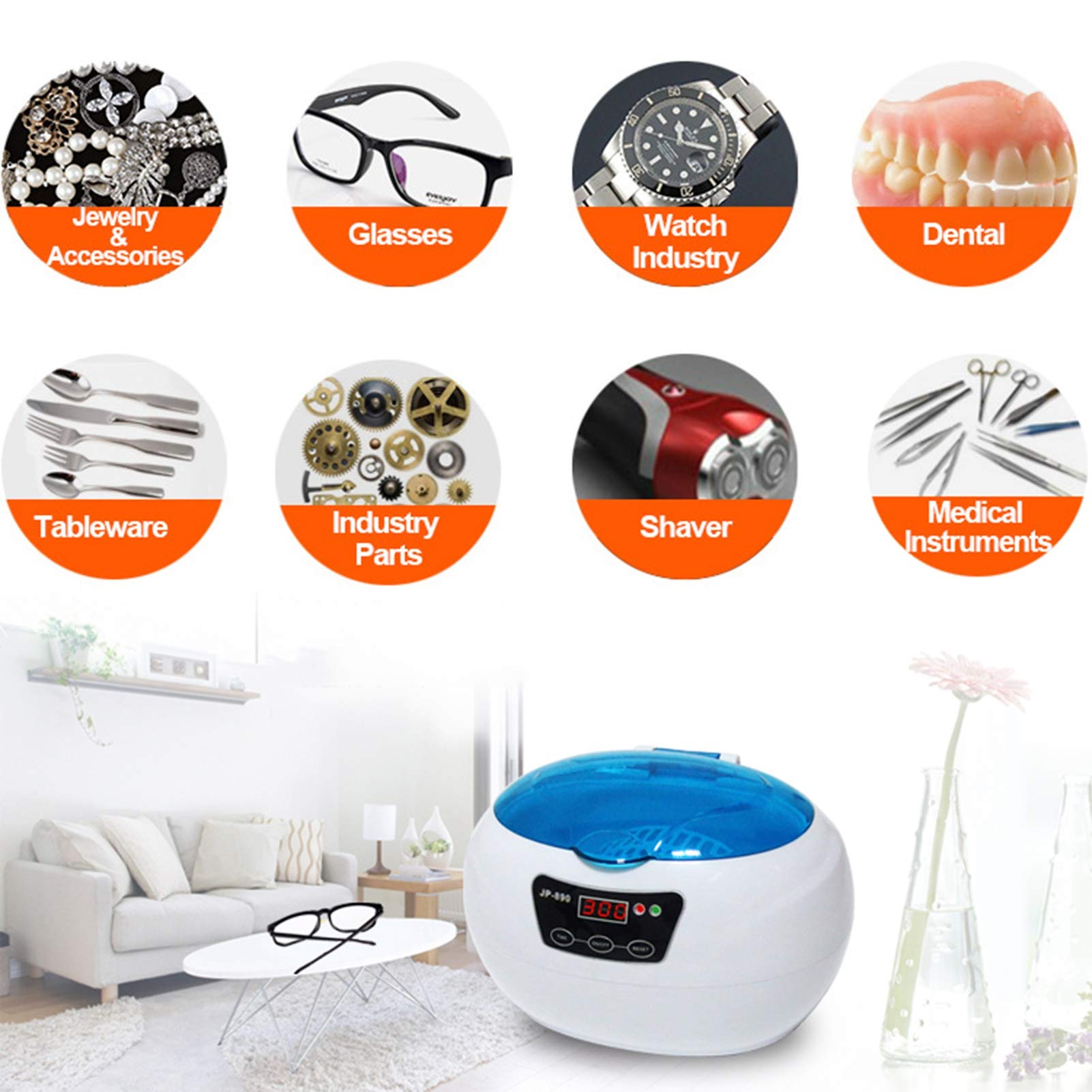 JHM-Limpiador Ultrasónico Gafas Profesional 600Ml,Limpiador de Baño de Joyería Ultrasónico 43Khz con Canasta de Limpieza Soporte para Reloj Temporizador Digital