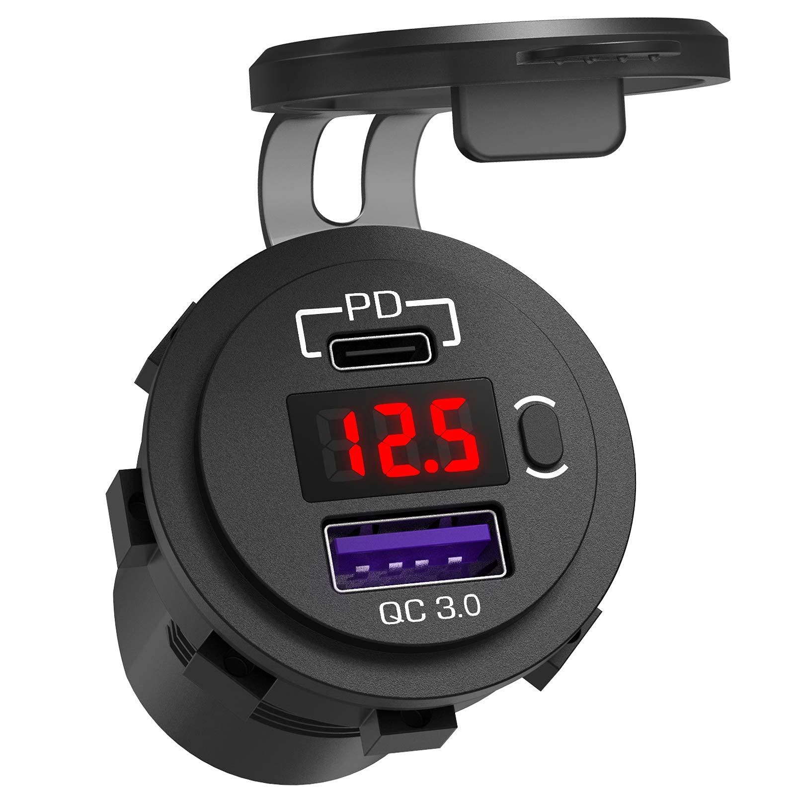 DELFINO Car Quick Charger Socket Dual PD & QC 3.0 Ports 12V USB Car Outlet Adapter with Button Switch Voltage Display Lid 60cm Cable for Car Boat Marine Bus Golf Cart RV Motorcycle (Red Light)