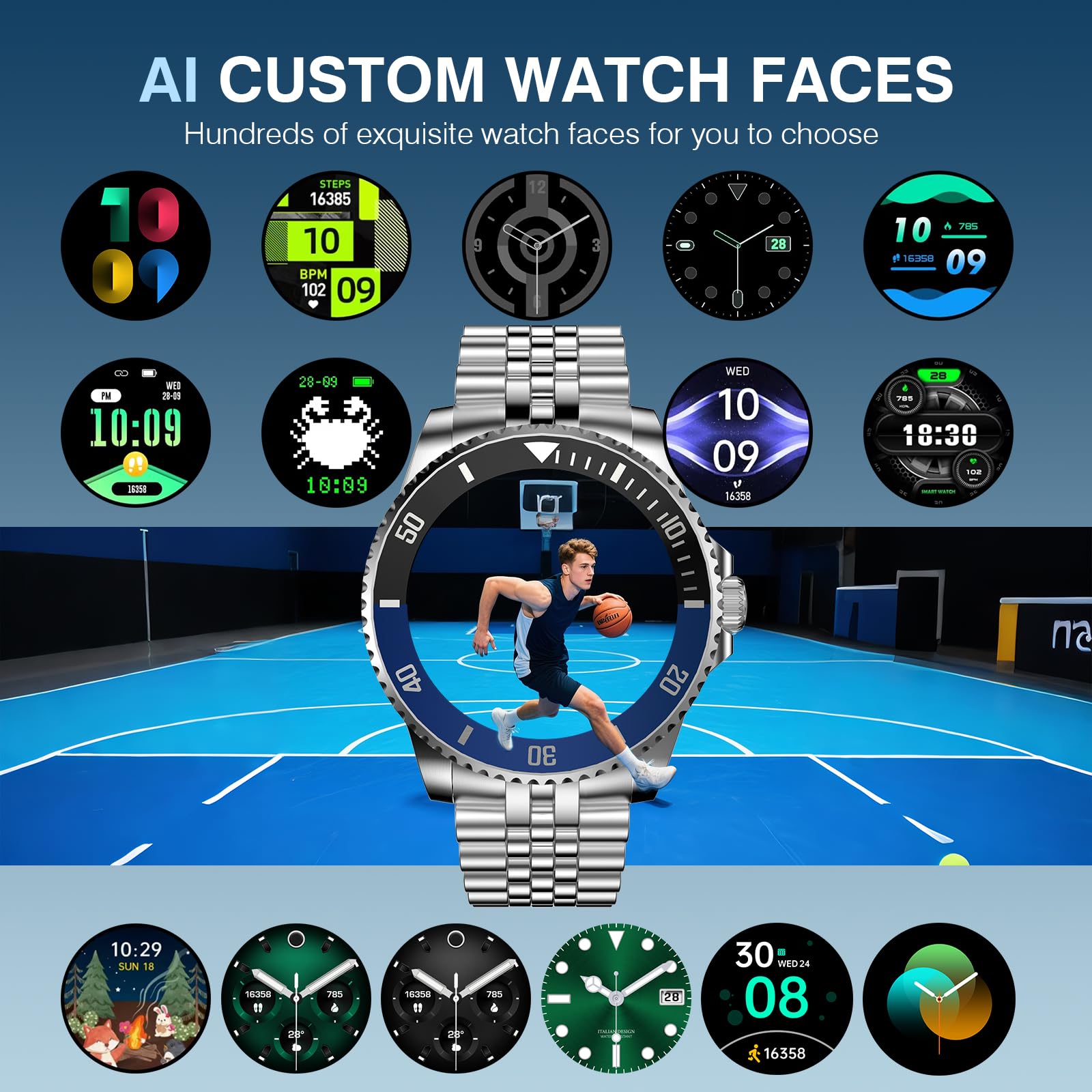 AI Smartwatch Herren, 1,19'' AMOLED Smart Watch mit Bluetooth Anrufe, 107 Sportmodi Fitnessuhr mit Herzfrequenz Schlafüberwachung Schrittzähler, IP67 Wasserdicht Runde Uhr für iOS Android Silber