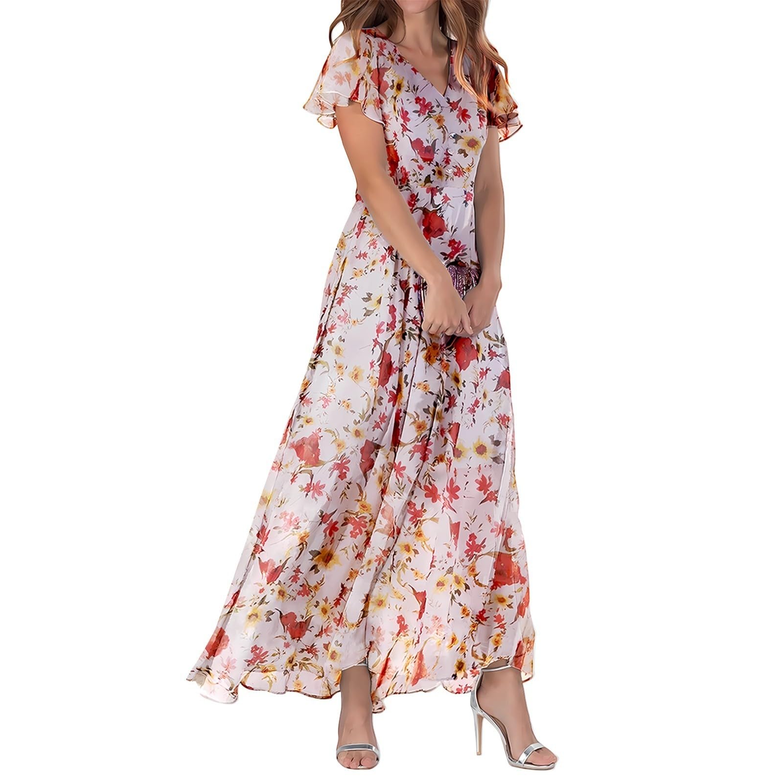 Générique Damska luźna sukienka maxi w stylu boho, lejąca się plaża, lato, swobodna, elegancka, z krótkim rękawem, vintage, bawełna, len, duży rozmiar, nadruk na imprezę A12