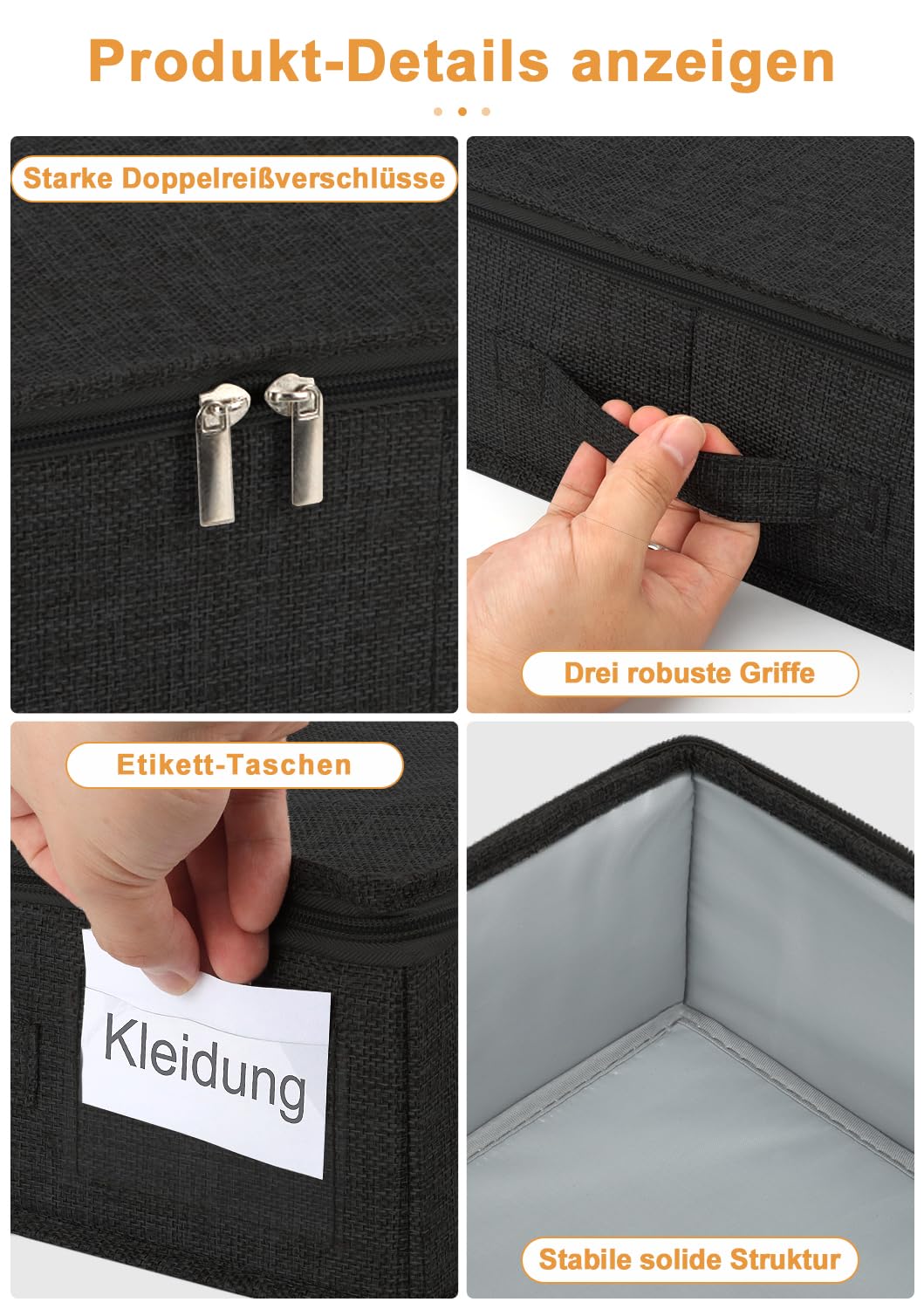 Scatole sottoletto con coperchio, 40 l, altezza 12 cm, indeformabili, set da 2 pezzi, nero