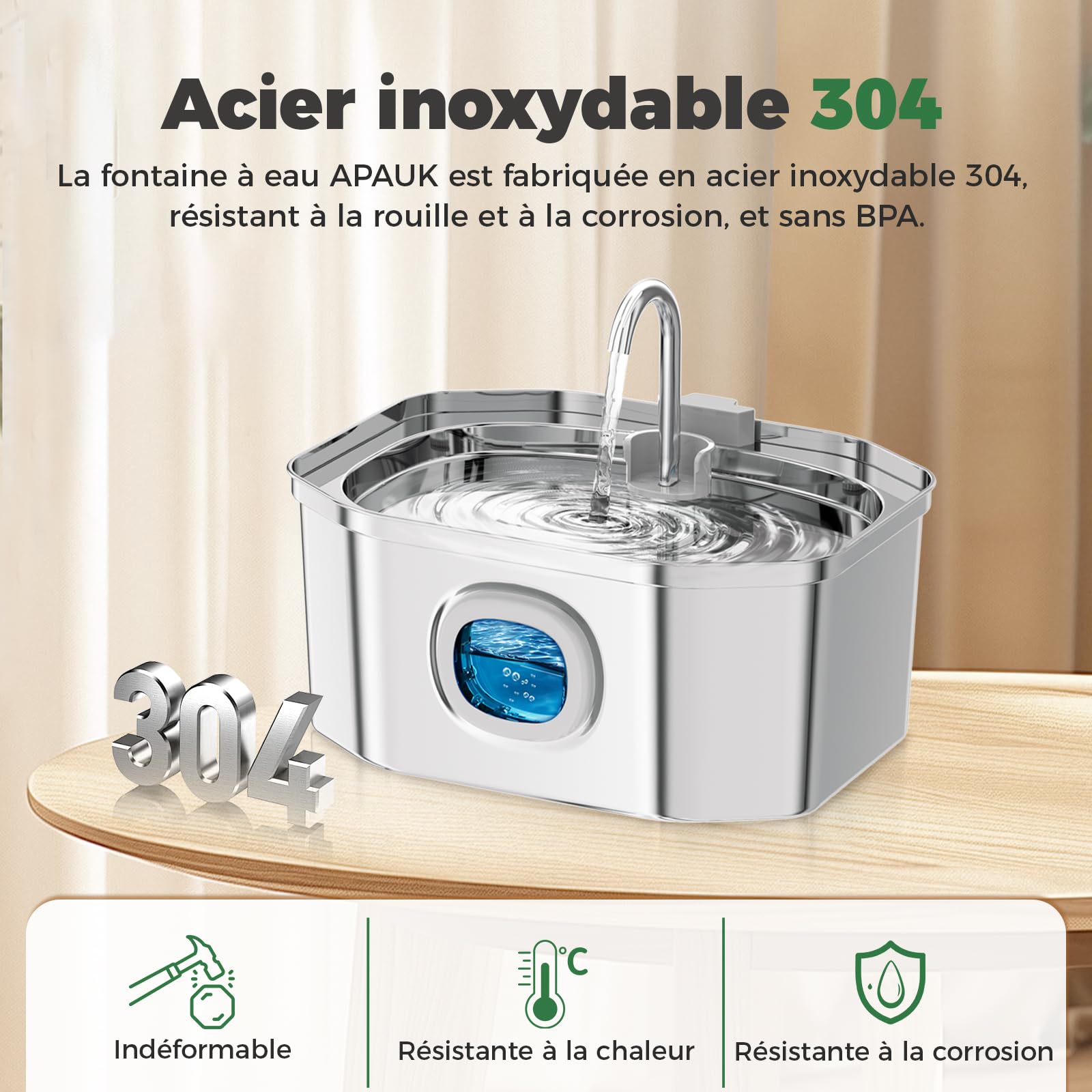 Fontaine a Eau Chat INOX, Apauk 3.2L Fontaine à Eau Chat,Fontaine Chats silencieuse,LED fenêtre, sont faciles à Nettoyer, Fontaine a Eau Petit Chien (Lot de 2 éponges et filtres)