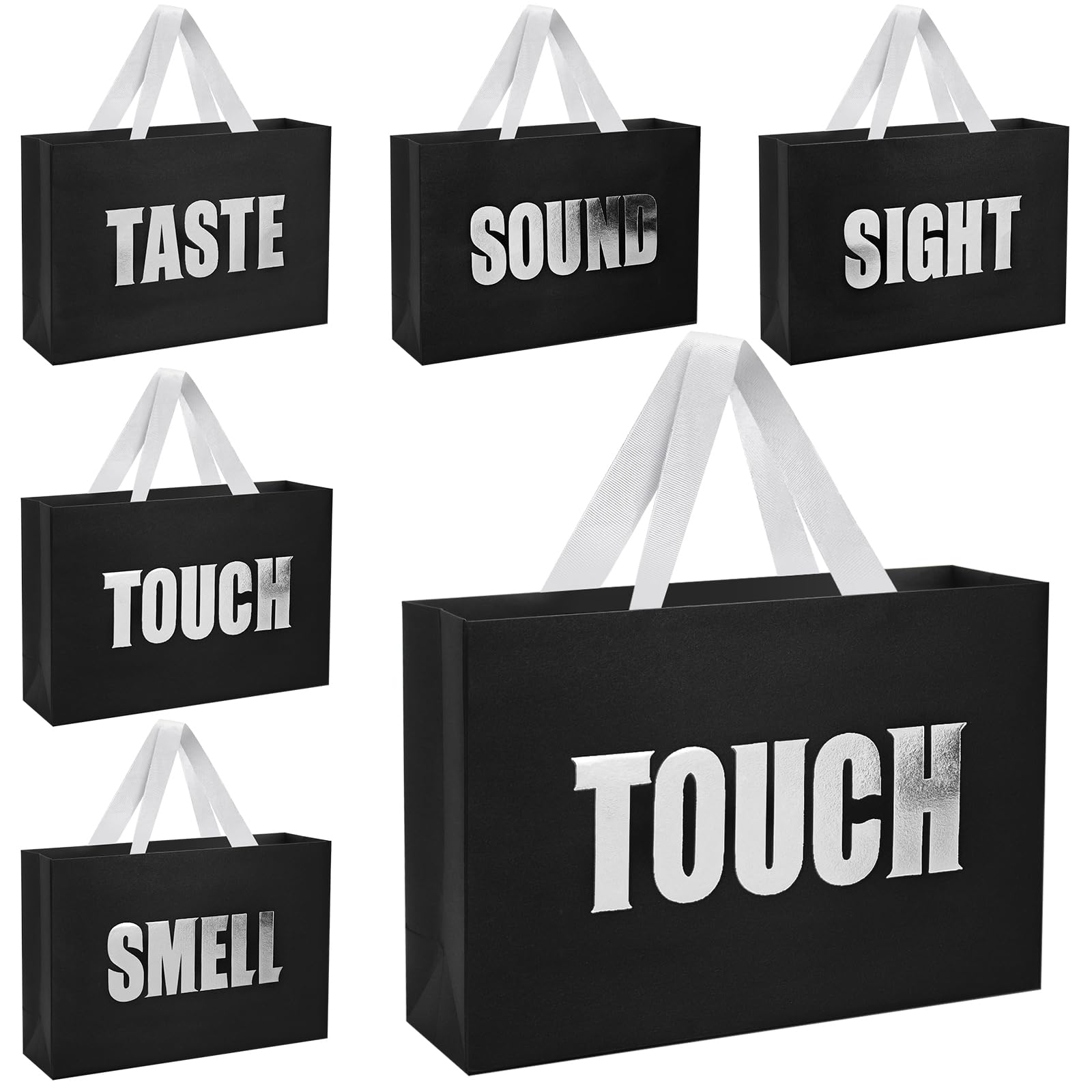 Xloey Five Senses Gift Bags for Him,12.6" Birthday Gift Bag with Ribbon Handles,5 Senses Black Bags with Silvery Word,for Birthday,Wedding,Anniversary