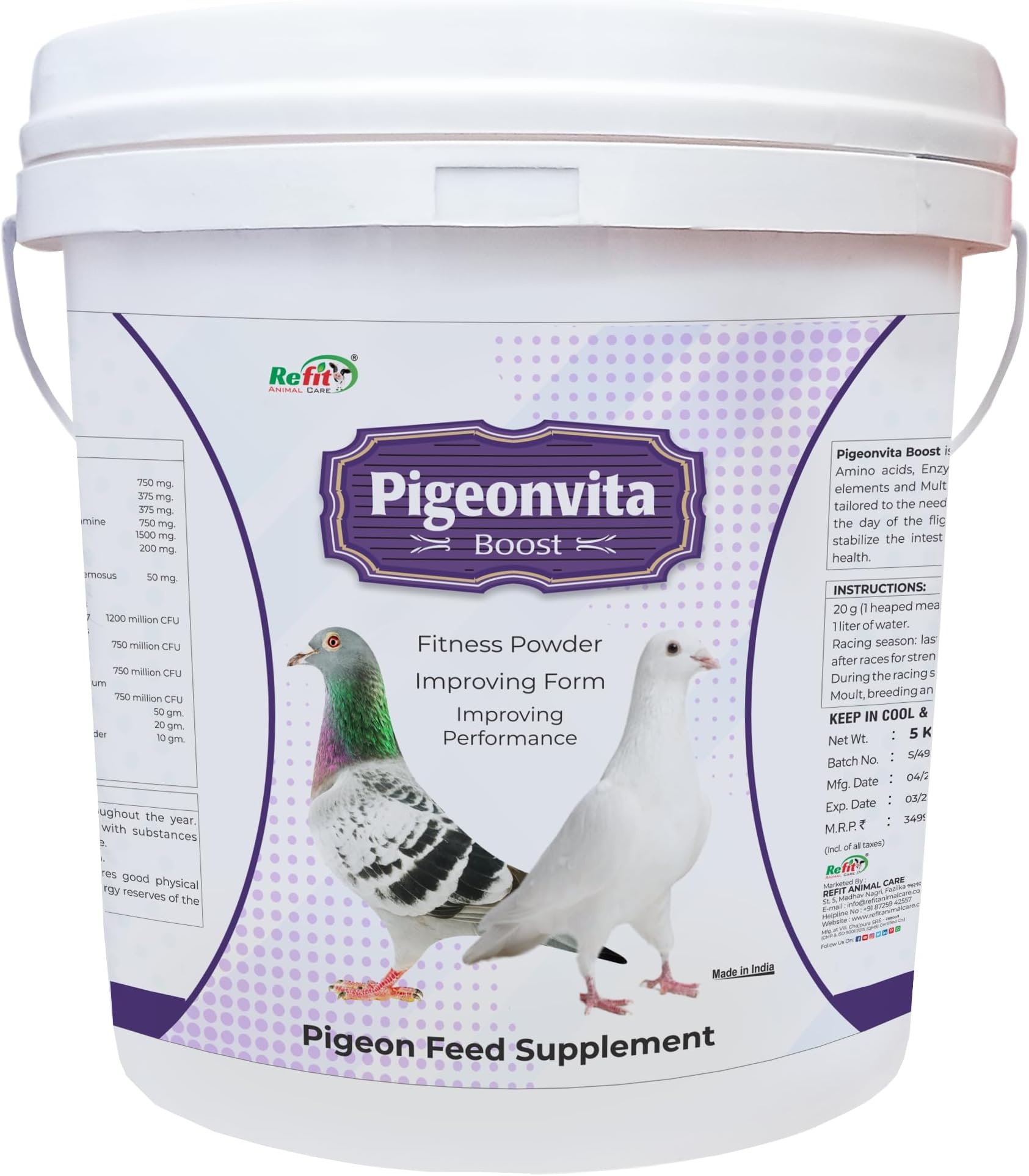 Refit Animal Care Fitness Powder Pigeon Feed Supplement - Form & Performance Booster for Pigeons, 5 kg, Pigeonvita