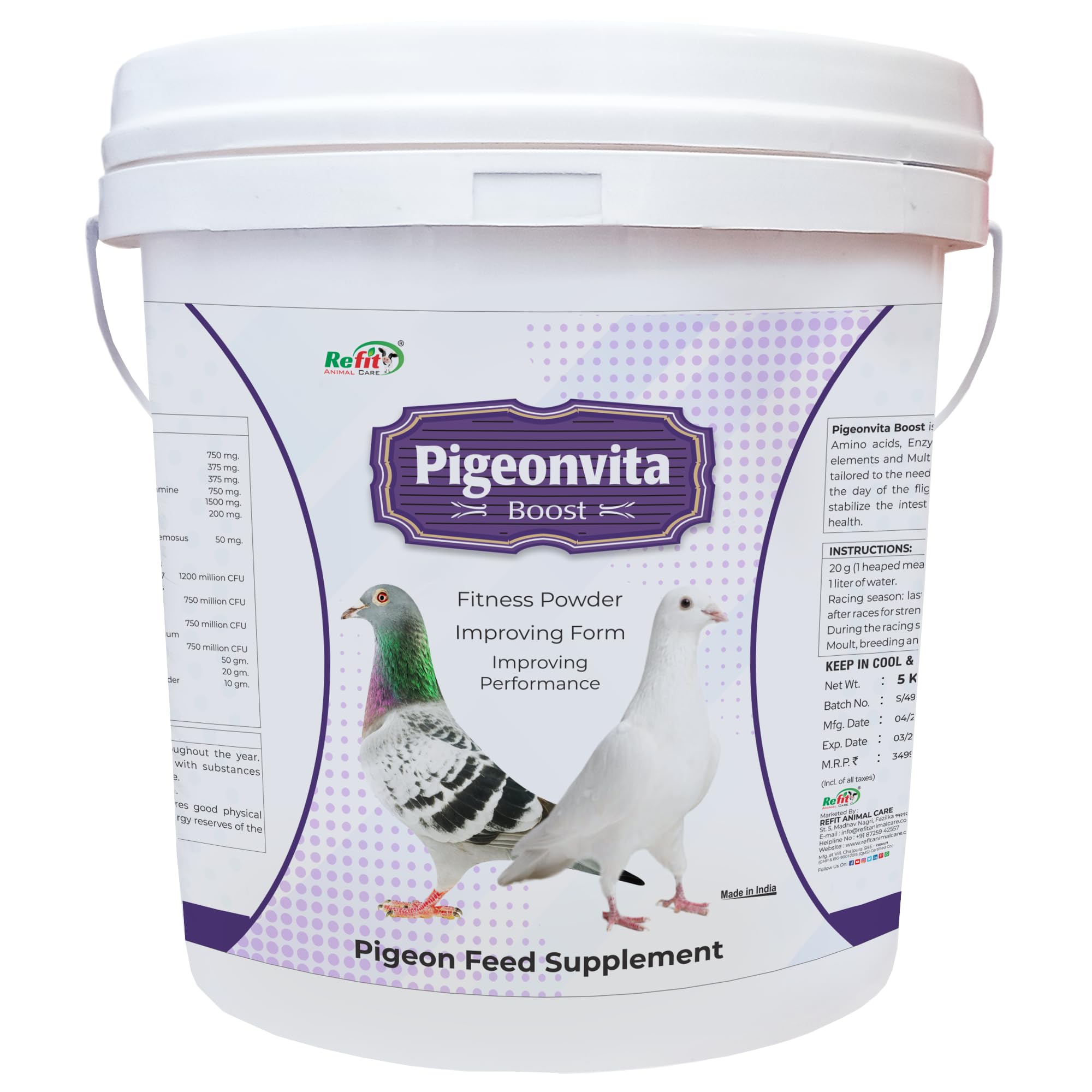 Refit Animal Care Fitness Powder Pigeon Feed Supplement - Form & Performance Booster for Pigeons, 5 kg, Pigeonvita