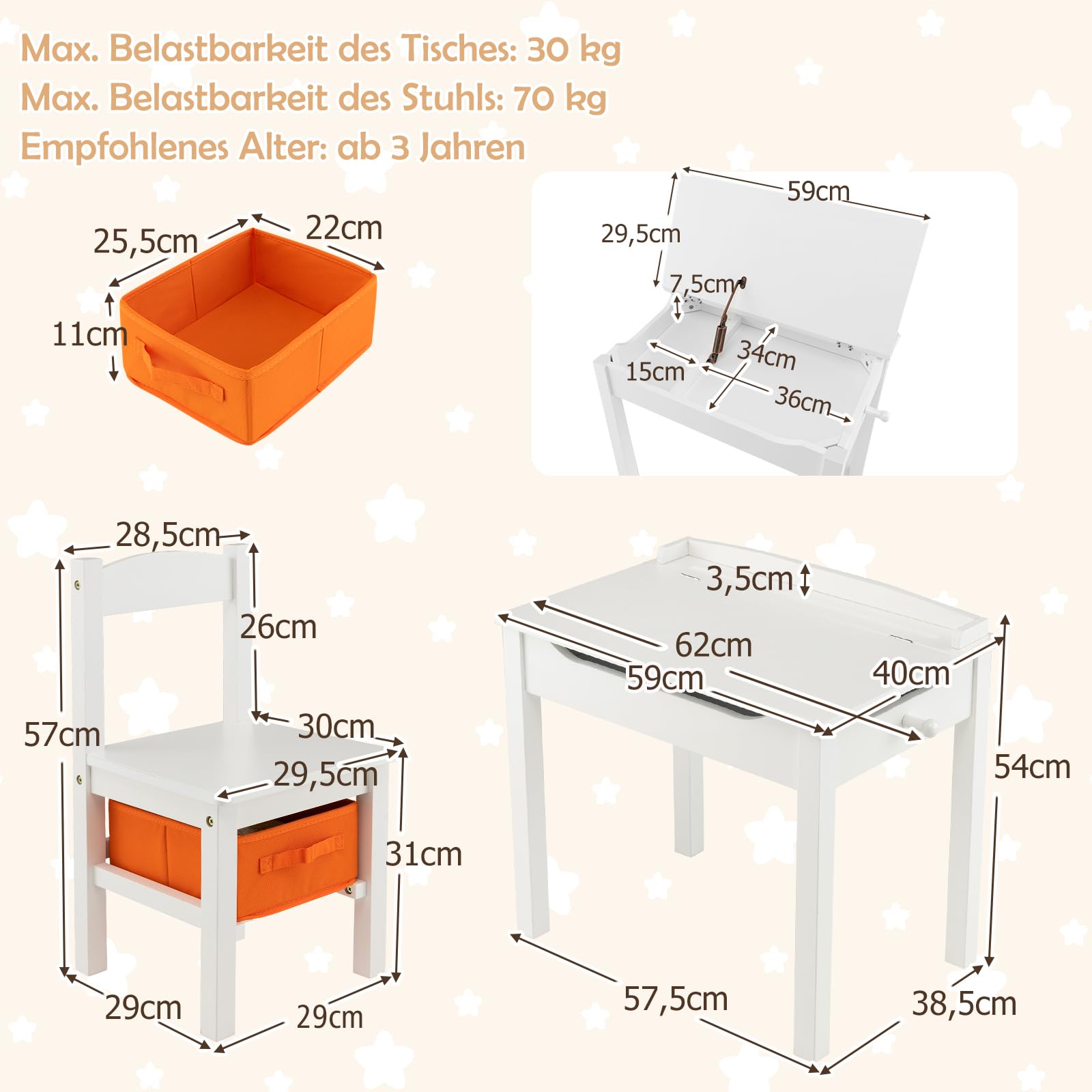 DREAMADE Kindertisch mit Stuhl, Kinderschreibtisch Kinder Schreibtisch aus Holz, Kindersitzgruppe mit Stauraum & Stoffbox (Weiß)