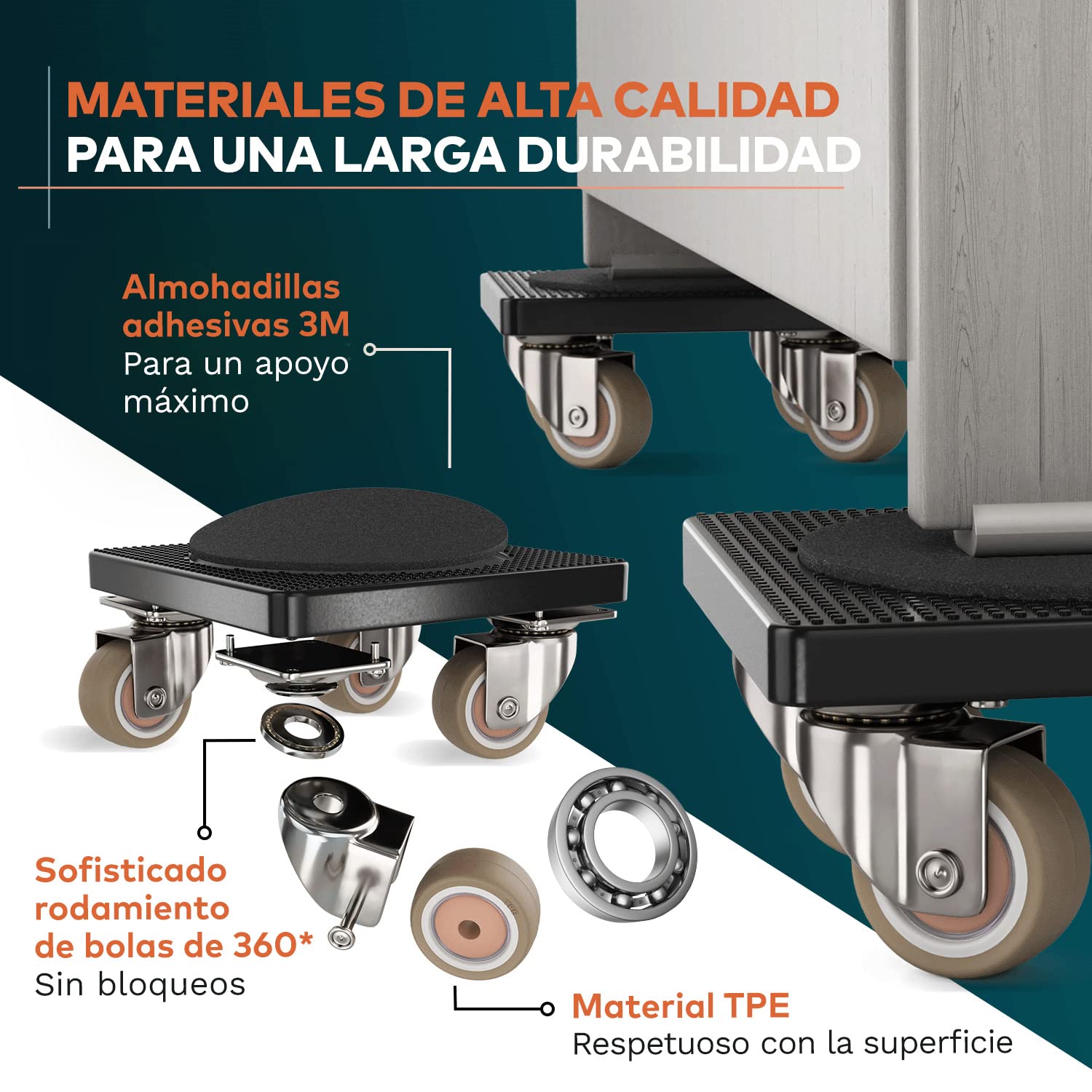 El Innovador Elevador de Muebles para Muebles Pesados de FAIRMO - 4 Ruedas Muebles y 1 Elevador de Carga (Incl. Almohadillas Antideslizantes) - Ruedas para Mover Muebles Pesados facilmente de TPE