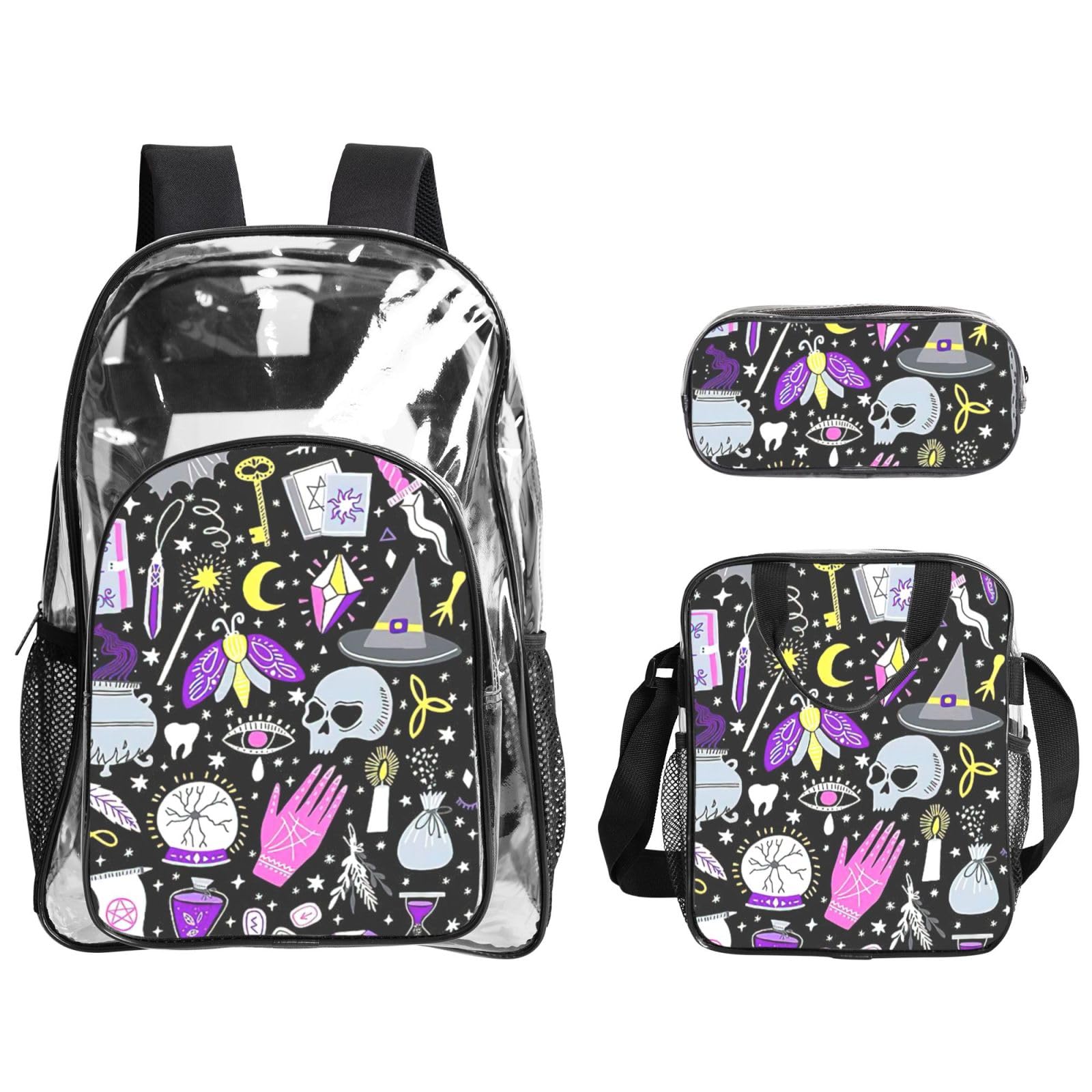 Magiczna czarownica czary bohema rysunek nadruk unisex 3-częściowy przezroczysty plecak zestaw torba na lunch do szkoły podróży na świeżym powietrzu sport