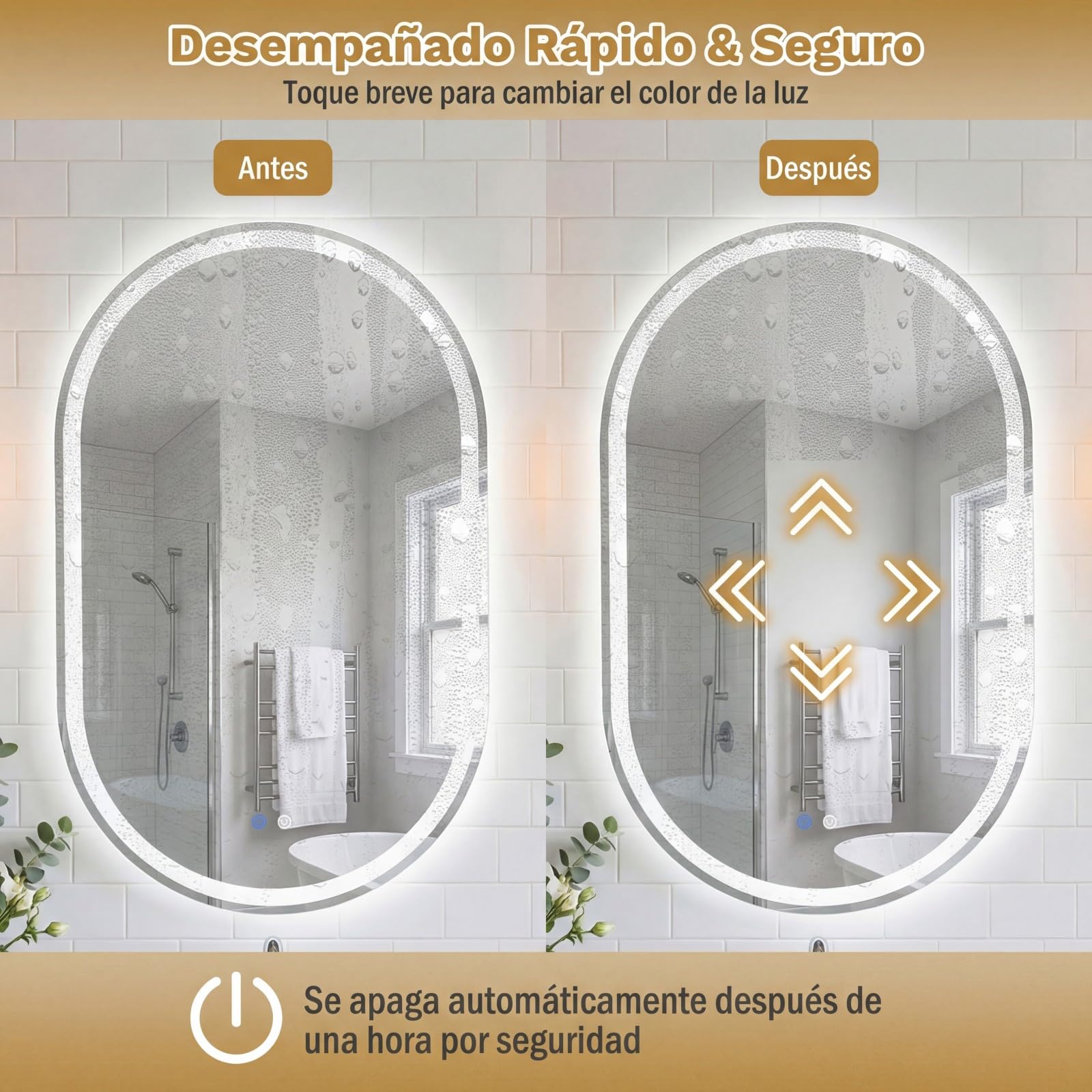 COSTWAY Espejo de Baño Iluminado con LED, Espejo Ovalado sin Marco Resistente a Roturas, Temperatura de Color Regulable en 3 Modos, con Interruptor Táctil, Función Antivaho (80 x 50 cm)