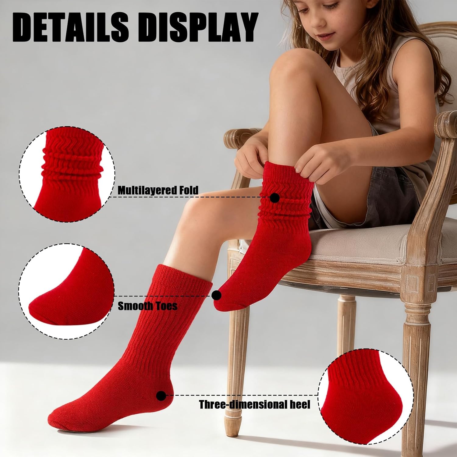 4 Pairs Soft Knee High Slouch Socks for Girls,Long Calf Socks School Uniform for Kids Dress Sock Cotton 3-11 Years