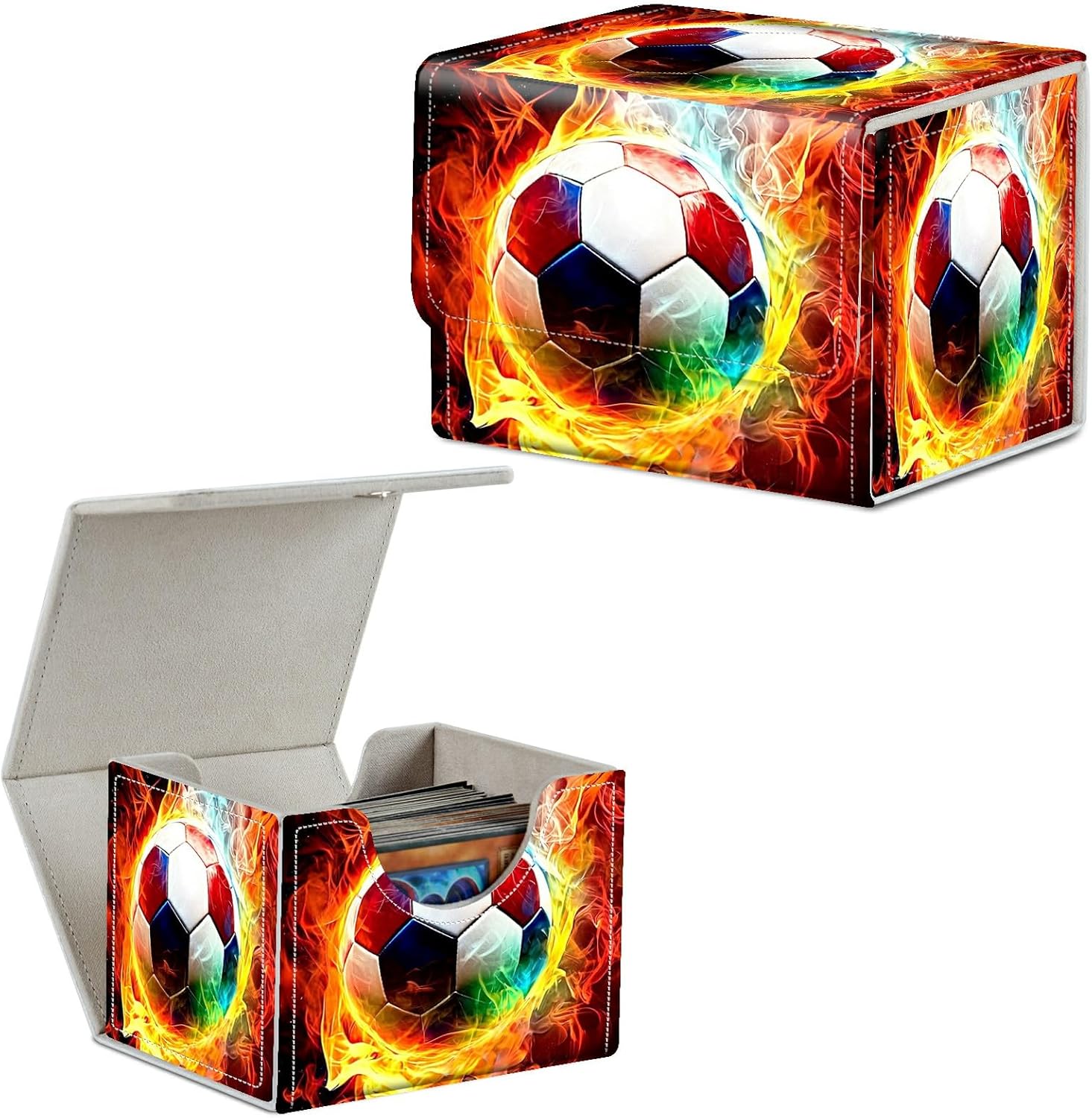 Card Deck Box Trading Cards Storage Box with Strong Magnet Premium Case Commander Deck Storage Cover for TCG CCG Magic Cards,Flaming Soccer Ball