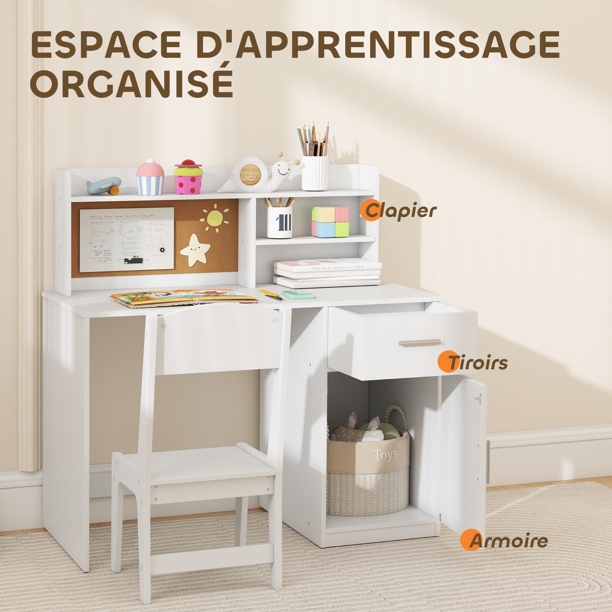 AIYAPLAY Bureau Enfant avec Chaise, Table Enfant et Chaise, 3-12 Ans, 90,2x48,1x90,8cm, Blanc