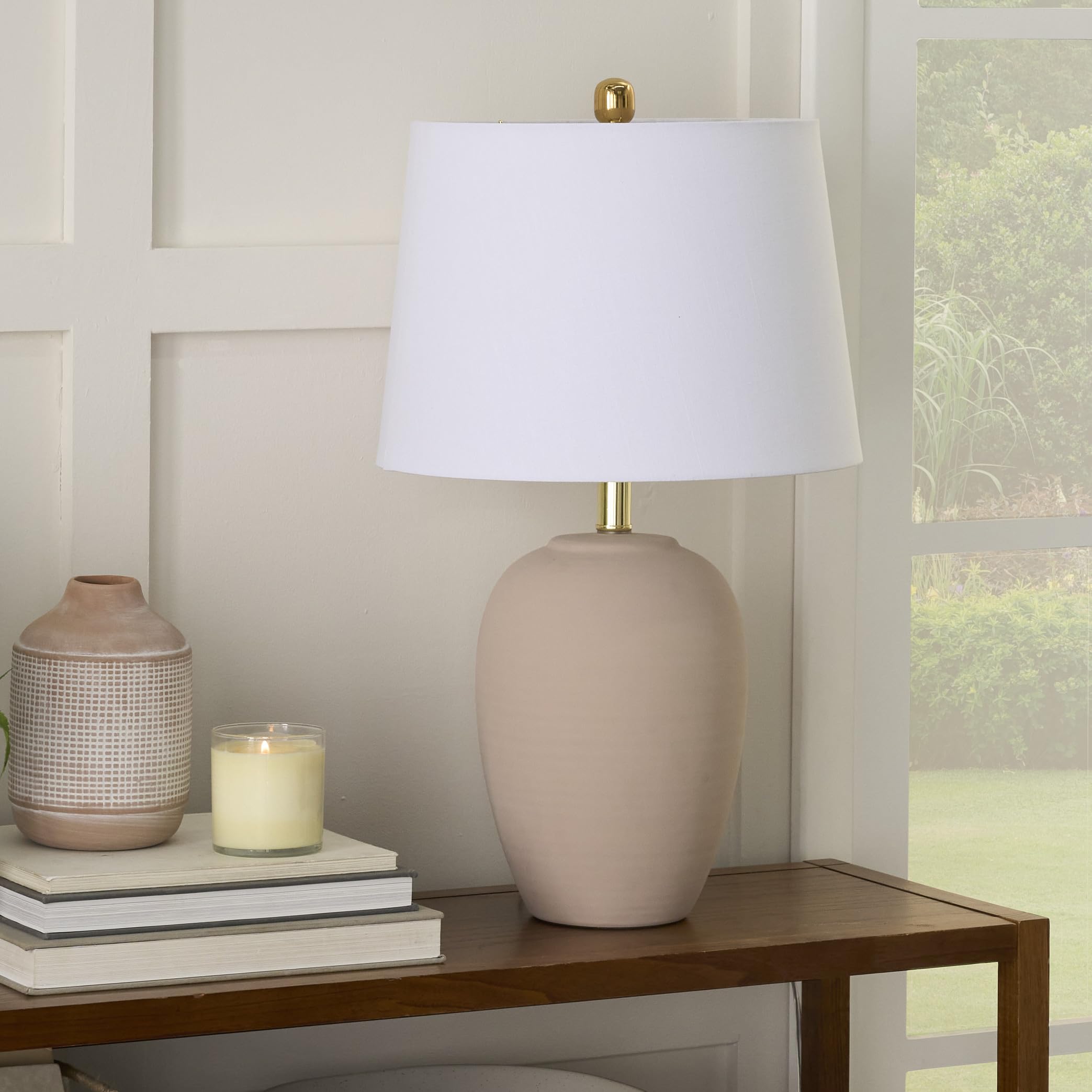 Home 23" Light Pink Ceramic Jar Table Lamp for Bedroom, Living Room, Dining Office, with White Shade (Pack of 1)
