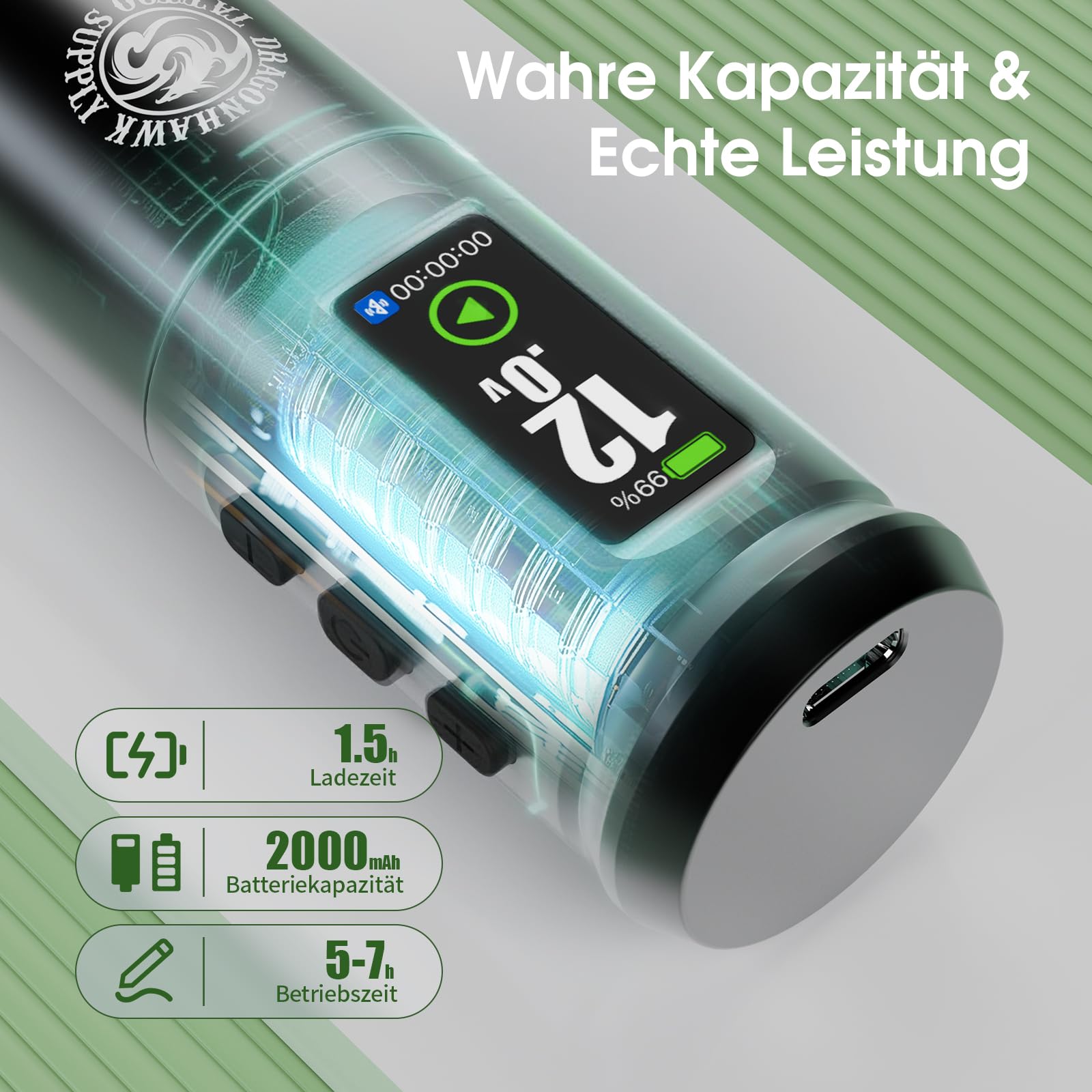 Dragonhawk A1 Pro Tattoo Maschine Set, 4,0 mm Hublänge,2000mAh Akku | Kabellose Tätowiermaschine,2000mAh Akku,20 Nadeln Für Linien & Schattierung auf Übungshaut Ideal für Anfänger