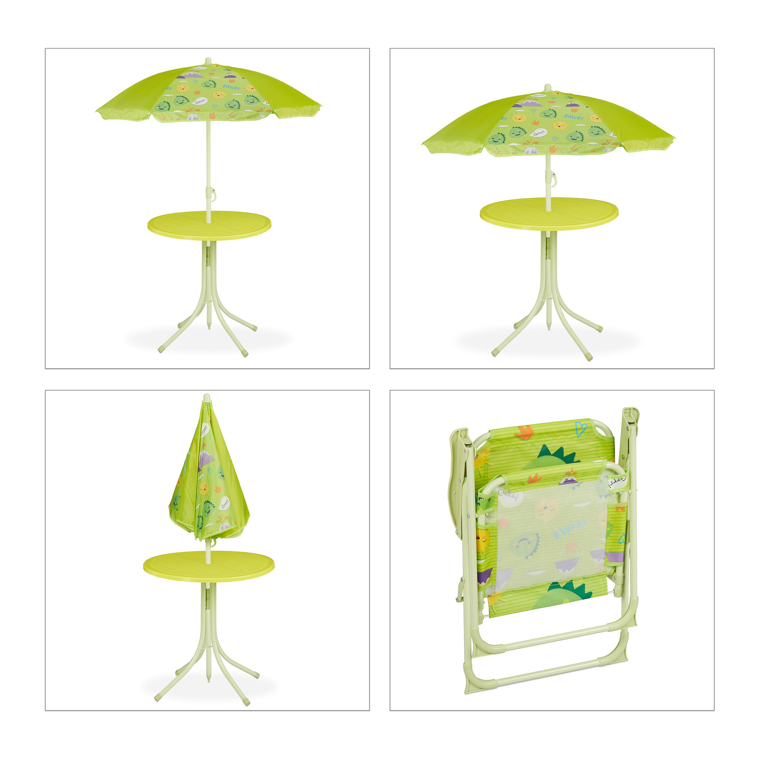 Relaxdays, Salon de Jardin, Enfant, Table, chaises, Parasol, pour Un Petit Fan de Monstres, pour Plage ou Camping, Vert