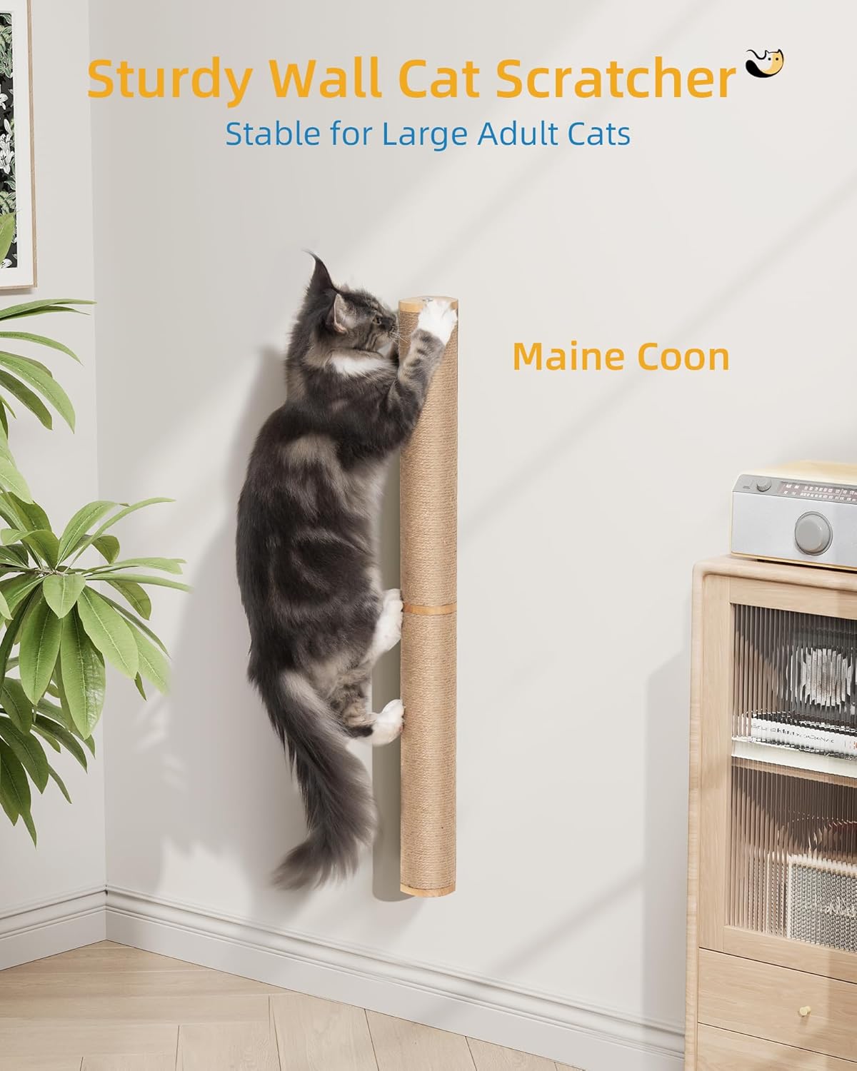 34" Cat Scratching Post on Wall for Large Cats, Wall Mounted Wood Cat Scratcher Furniture for Indoor Cats, Tall and Sturdy Corner Climbing Pole