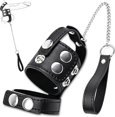 Leather Chastity Cage Strap with Chain Soft Cock Cage Adjustable Sissy Toys Male Chastity Belts CBT Testicle Toys Stretcher Crusher Cock and Ball