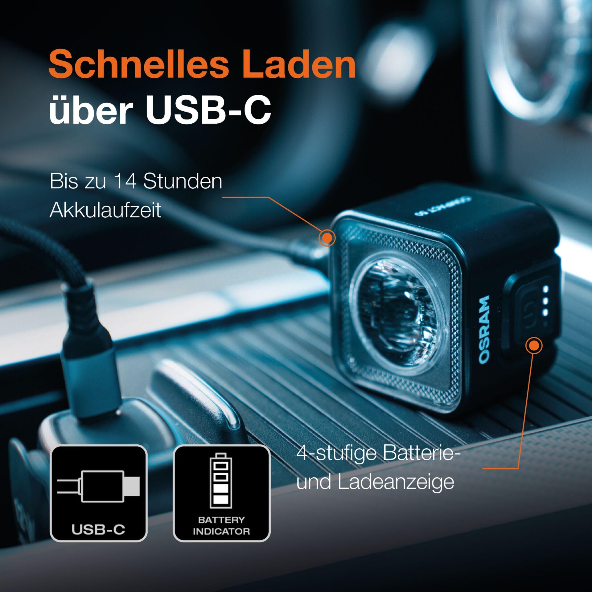 OSRAM LEDsBIKE COMPACT 50 Set, wiederaufladbares Fahrradlicht-Set – Vorder- und Rücklicht, StVZO-geprüft, Garmin-kompatible Halterun, DREI Beleuchtungsmodi, 50 Lux