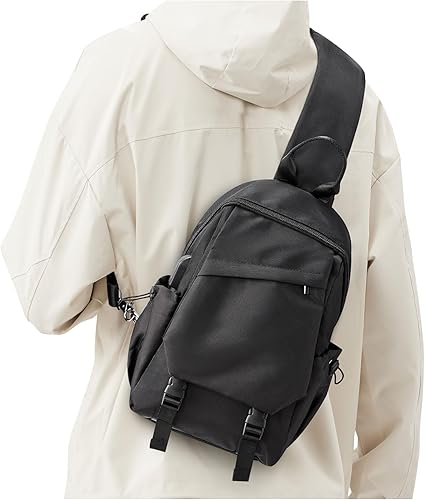 Black Sling Bag for Men Women, Mini Anti Theft One Strap Motorcycle Sling Backpack, Small Sling Chest Bag Daypack Crossbody Backpack for Casual