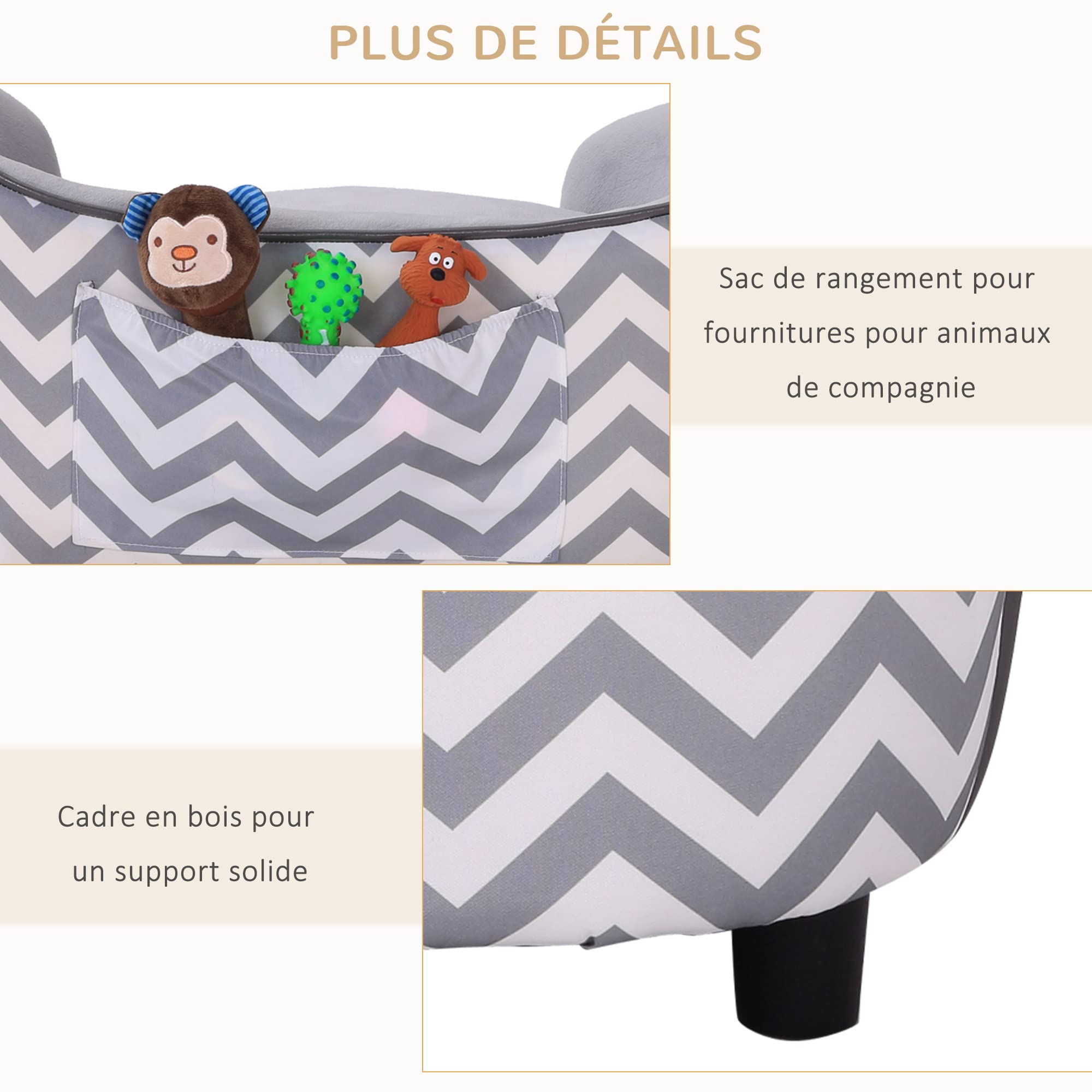 PawHut Canapé Chien Chat sur Pied Style Graphique Contemporain Coussin Amovible Lavable Grand Confort + Pochette Rangement 68,5L x 40,5l x 40,5H cm Gris Blanc