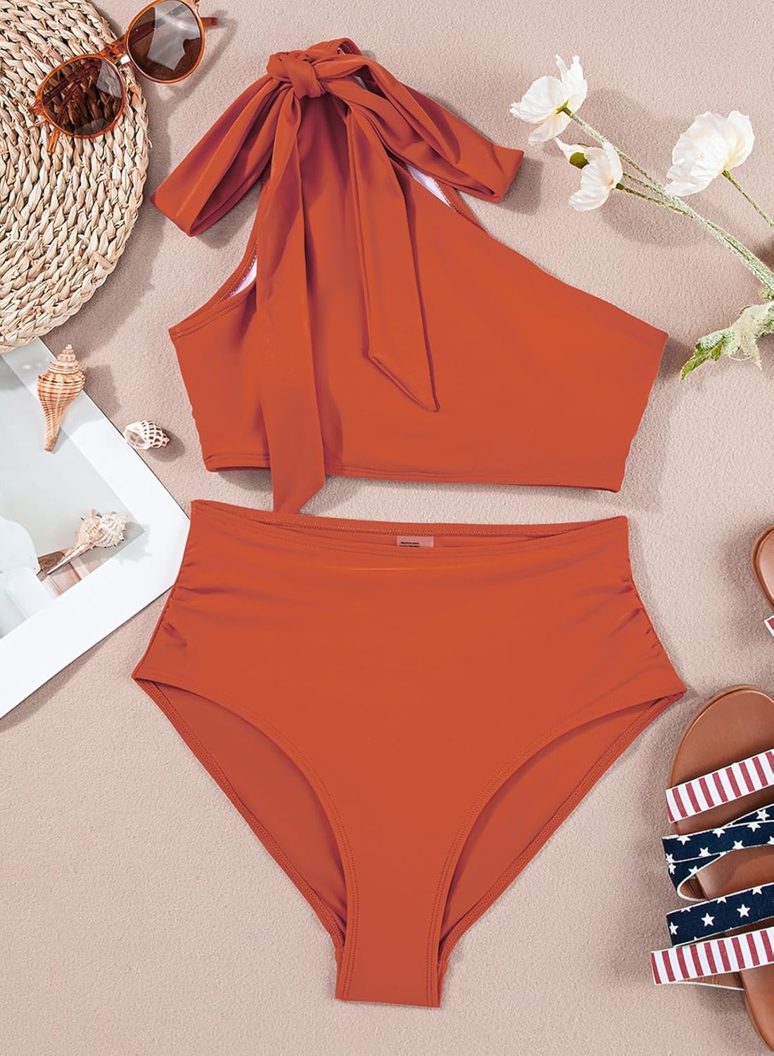 Herseas Women's One Bow Shoulder Bikini Sets 2 Piece Ruched Swimsuit Elegant Bathing Suit - Image 5