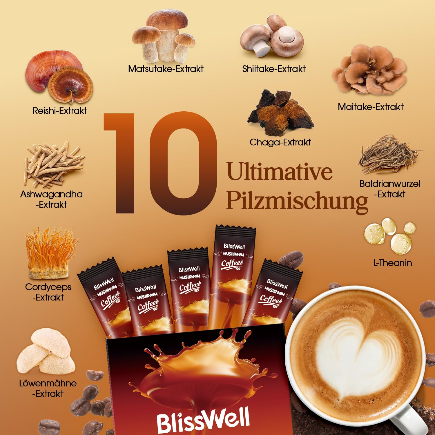 Pilzkaffee – Mushroom Coffee in 32 Einzeldosisbeuteln (192 g) | 7 Pilzextrakte + Ashwagandha, L-Theanin & Baldrian | 2250 mg Wirkstoffkomplex pro Portion (Schokolade)
