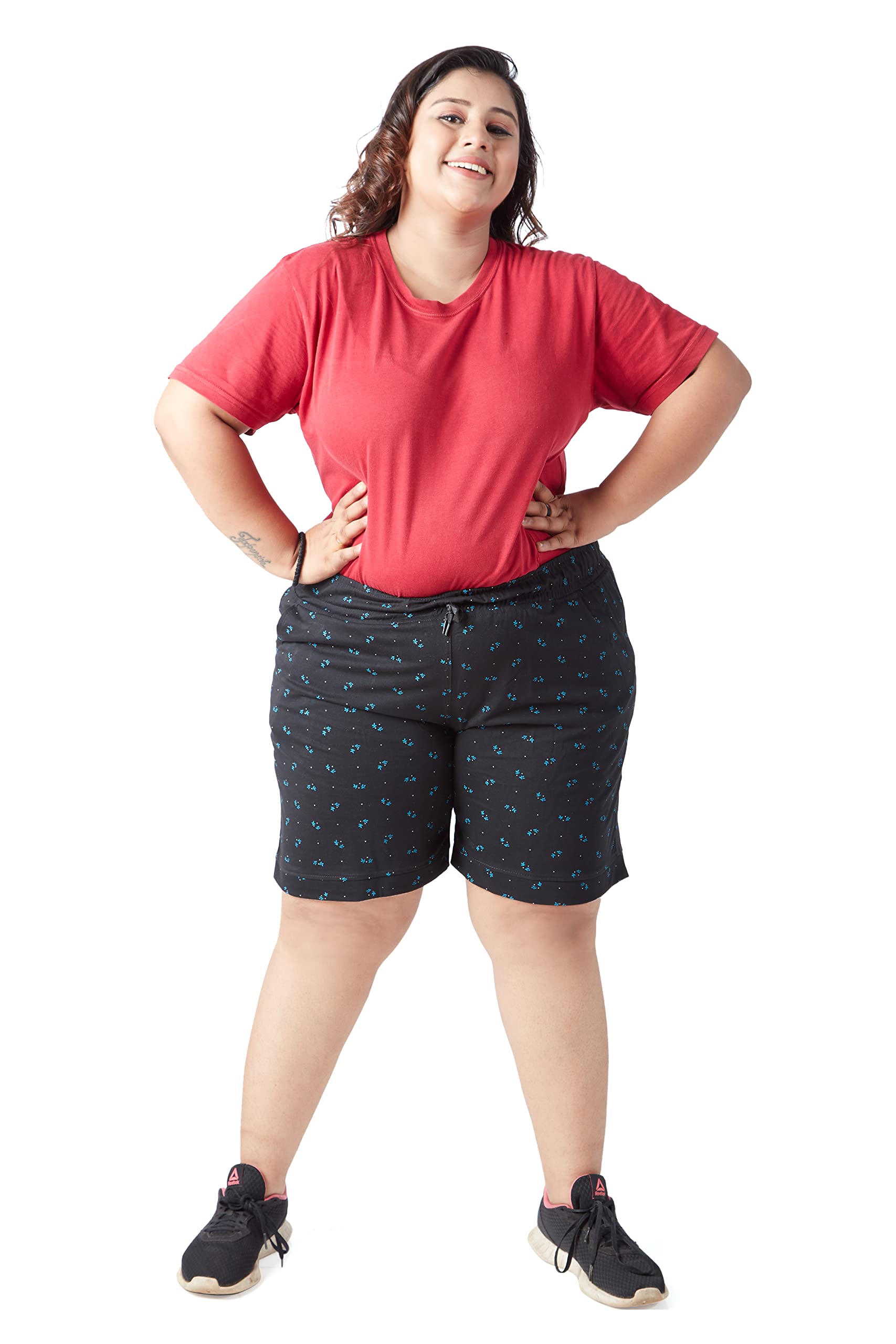 CUPID Women Plus Size Printed Cotton Comfortable Barmuda/Shorts for Sports, Yoga, Daily Use Gym, Night Wear, Casual Wear for Ladies, Black, 7XL 1