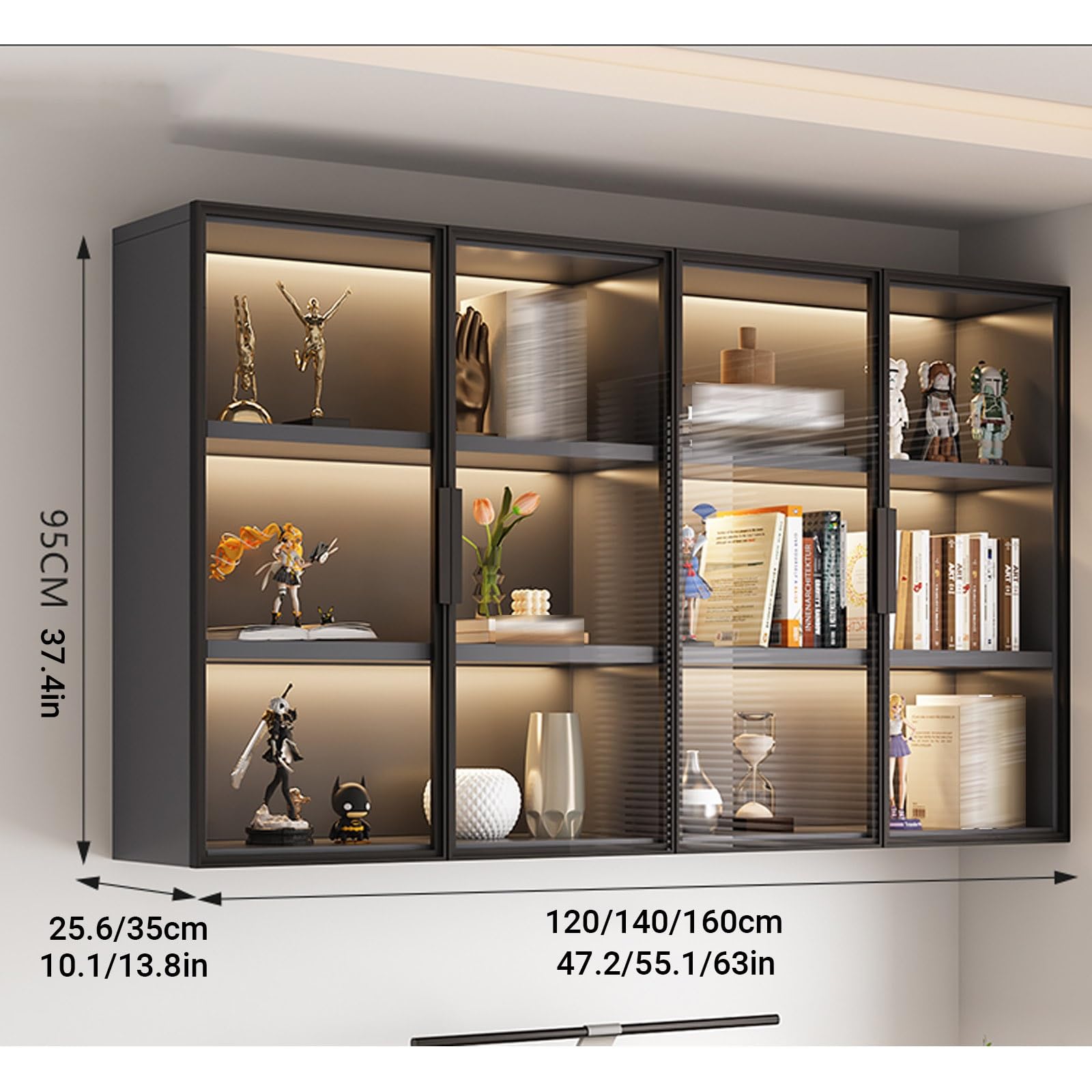 Naścienna szklana witryna - stylowy stojak do przechowywania ze szklanymi drzwiami do kuchni, sypialni i gabinetu (120 x 25,6 x 95 cm / 47.2x10.1x37.4in / 47,2 x 10,1 x 37,4 cala)