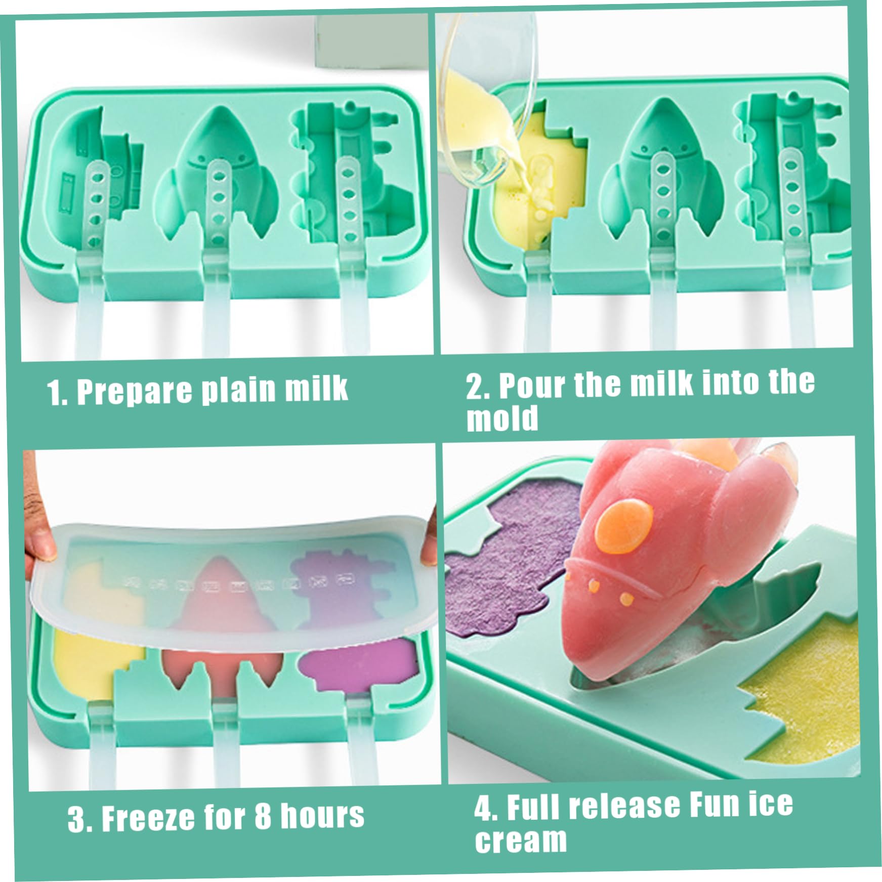 4 moldes de silicona para paletas de 3 cavidades, sin BPA, molde de helado con forma de dinosaurio, frutas y coches, con tapa y 24 palitos
