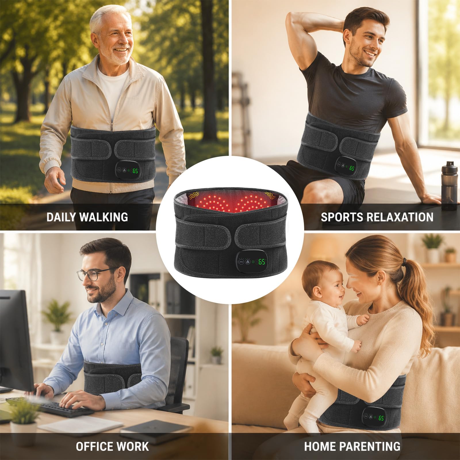 Wärmegürtel Rücken 152cm, Heizkissen mit Abschaltautomatik, Thermacare Rücken mit 3 Massage- und 3 Temperaturstufen(45°-55°-65°), Heizkissen Kabellos mit 5000mAh Akku (Schwarz)