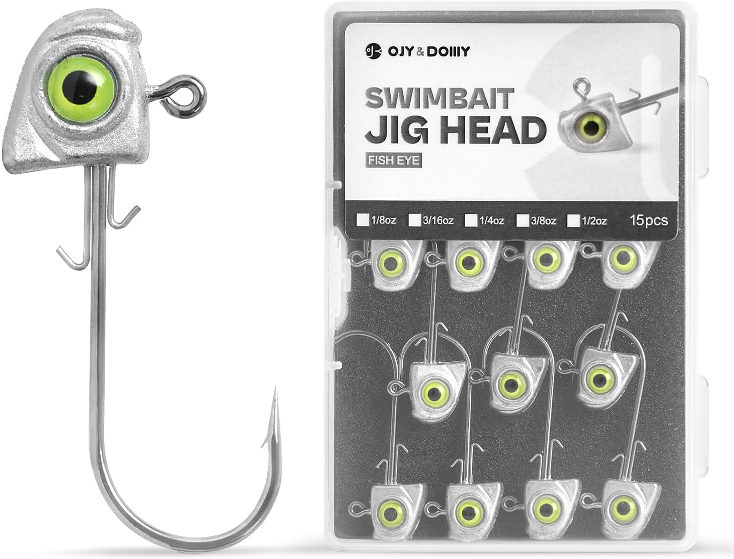 OJY&DOIIIY Swimbait Jig Heads with Chartreuse Fish Eye, 1/8 3/16 1/4 3/8 1/2oz Jigheads for Freshwater&Saltwater Fishing 10/15 Pack