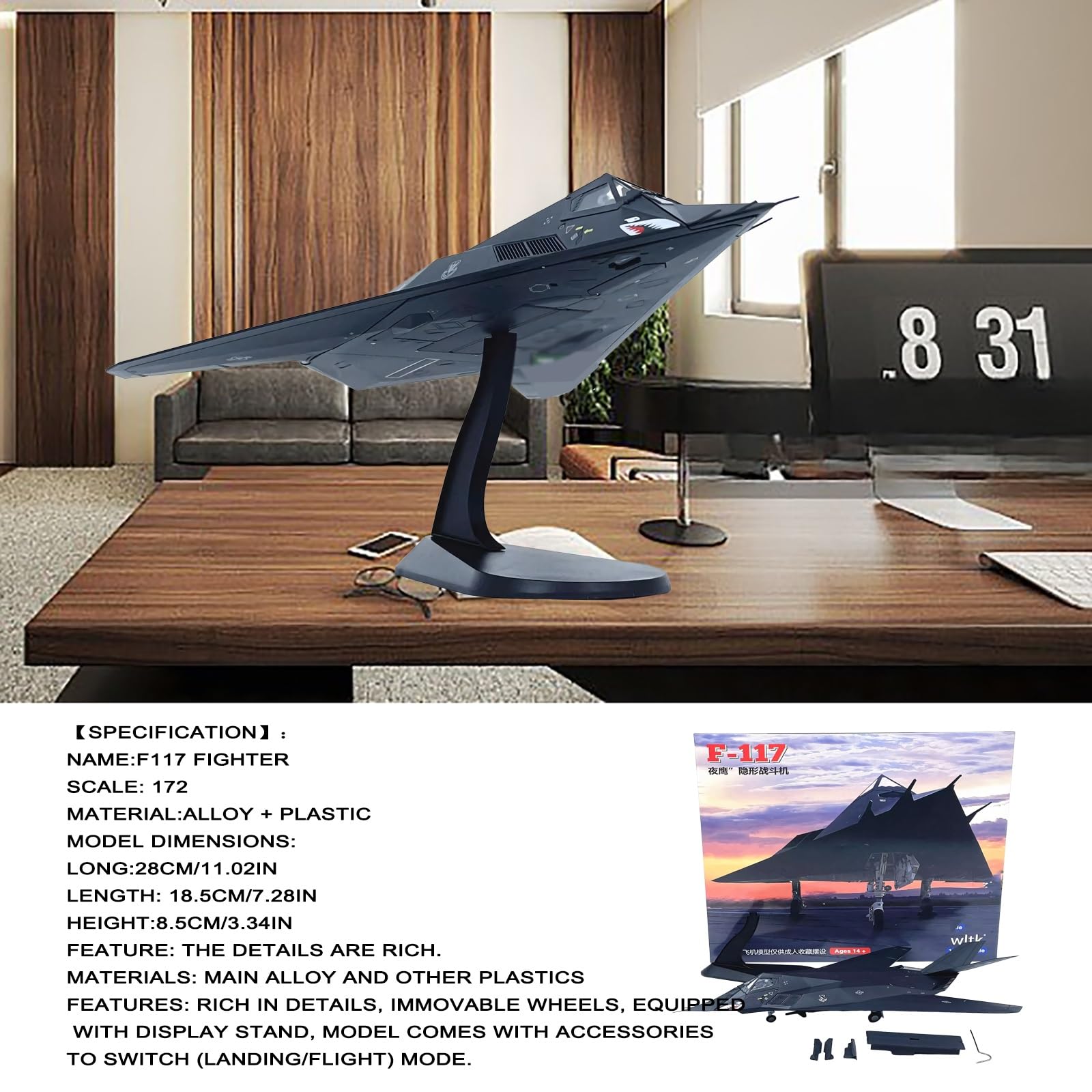 Modello pressofuso bombardiere F-117 in scala 1:72 con equipaggiamento espositore for collezionisti militari, decorazione for scrivania scaffale, regalo perfetto for appassionati aviazione
