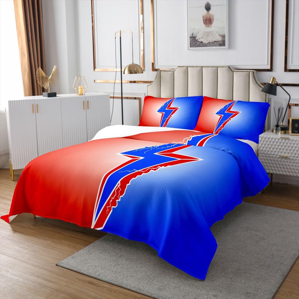 Castle Fairy Red Blue Lightning Bedspread Twin Size,3D Games Lightning Bedding Sets 2Pcs for Kids Girls Boys Room Decor,Gaming Collision Comforter Set Modern Cool Quilt Coverlet,1 Pillowcase