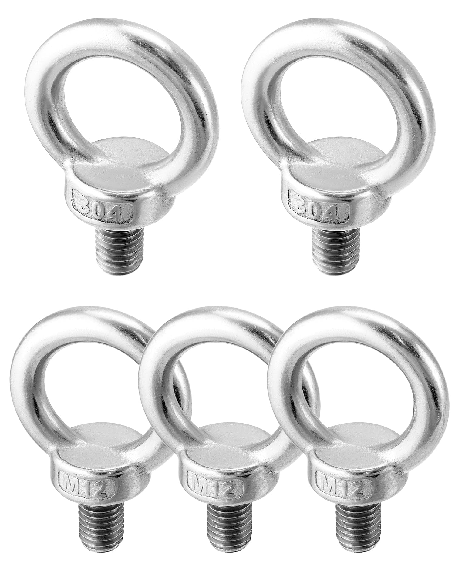 QWORK 5 Pack Stainless Steel M12 x 20mm Shoulder Lifting Ring Eye Bolt with Male Thread for Machinery, Ring Shoulder Eye Bolts