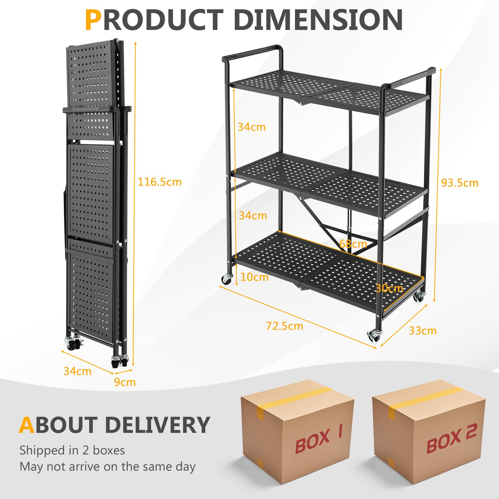 HOMASIS Carro plegable de cocina con 3 niveles, carrito de cocina con 4 ruedas, incluye 2 frenos, carrito de almacenamiento para ahorrar espacio, estantería de metal, estante de cocina, carrito