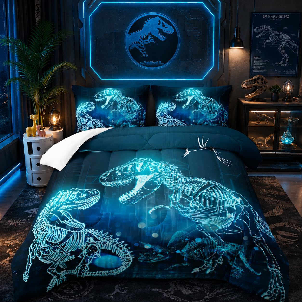 Nttopship Dinosaur Comforter Set for Teens Boys Girls,Dino Eyes 3 Pieces Bedding Set Queen,Dark Blue Lightweight Down Alternative Bedding Sets for All Season