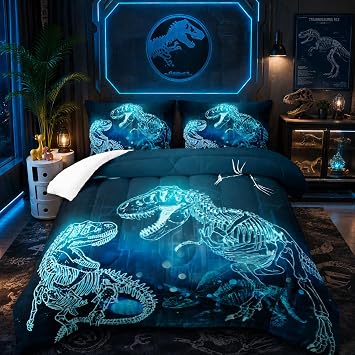 Nttopship Dinosaur Comforter Set for Teens Boys Girls,Dino Eyes 3 Pieces Bedding Set Full,Dark Blue Lightweight Down Alternative Bedding Sets for All Season