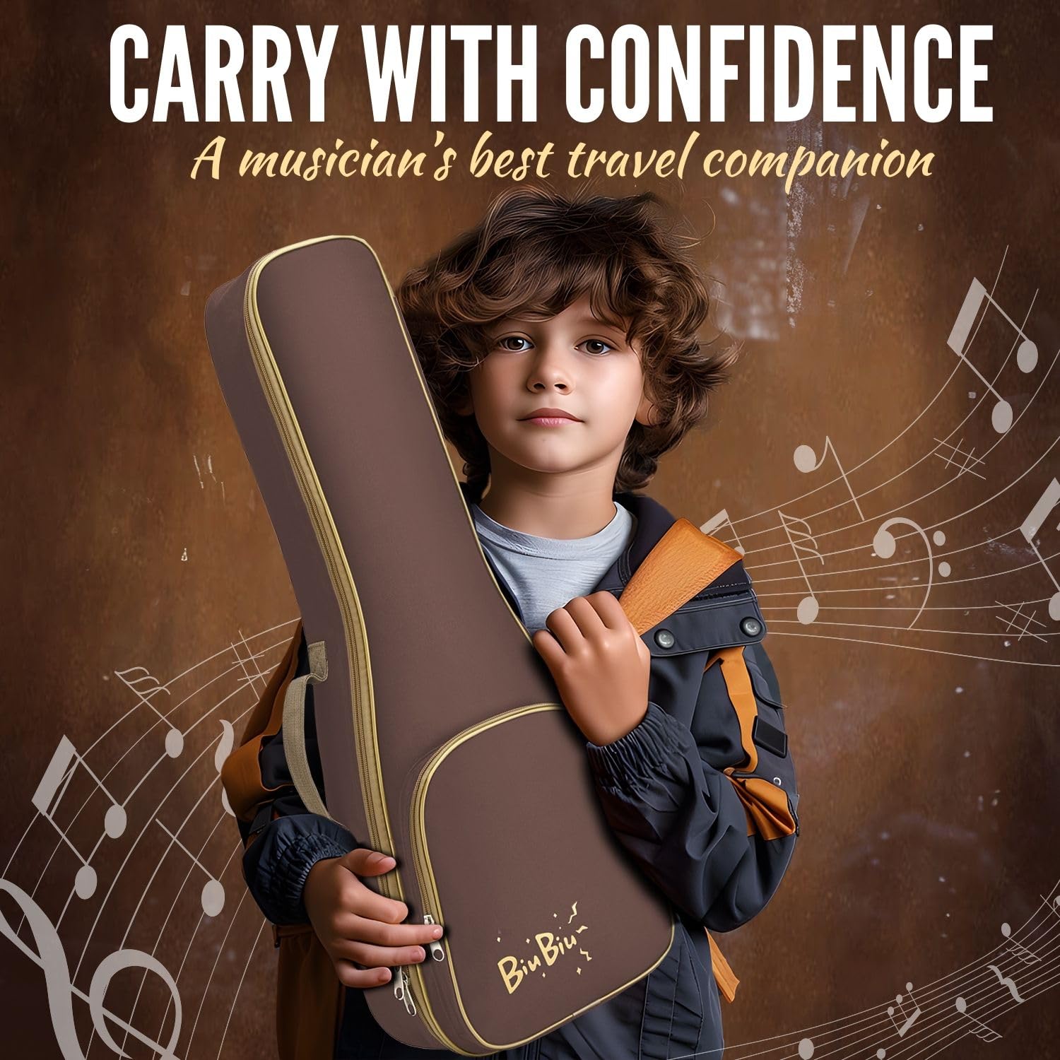 Flexzion Custodia per ukulele, 58 cm, zaino tenore, custodia morbida, impermeabile, con maniglia per il trasporto, tasca e tracolla regolabile, marrone