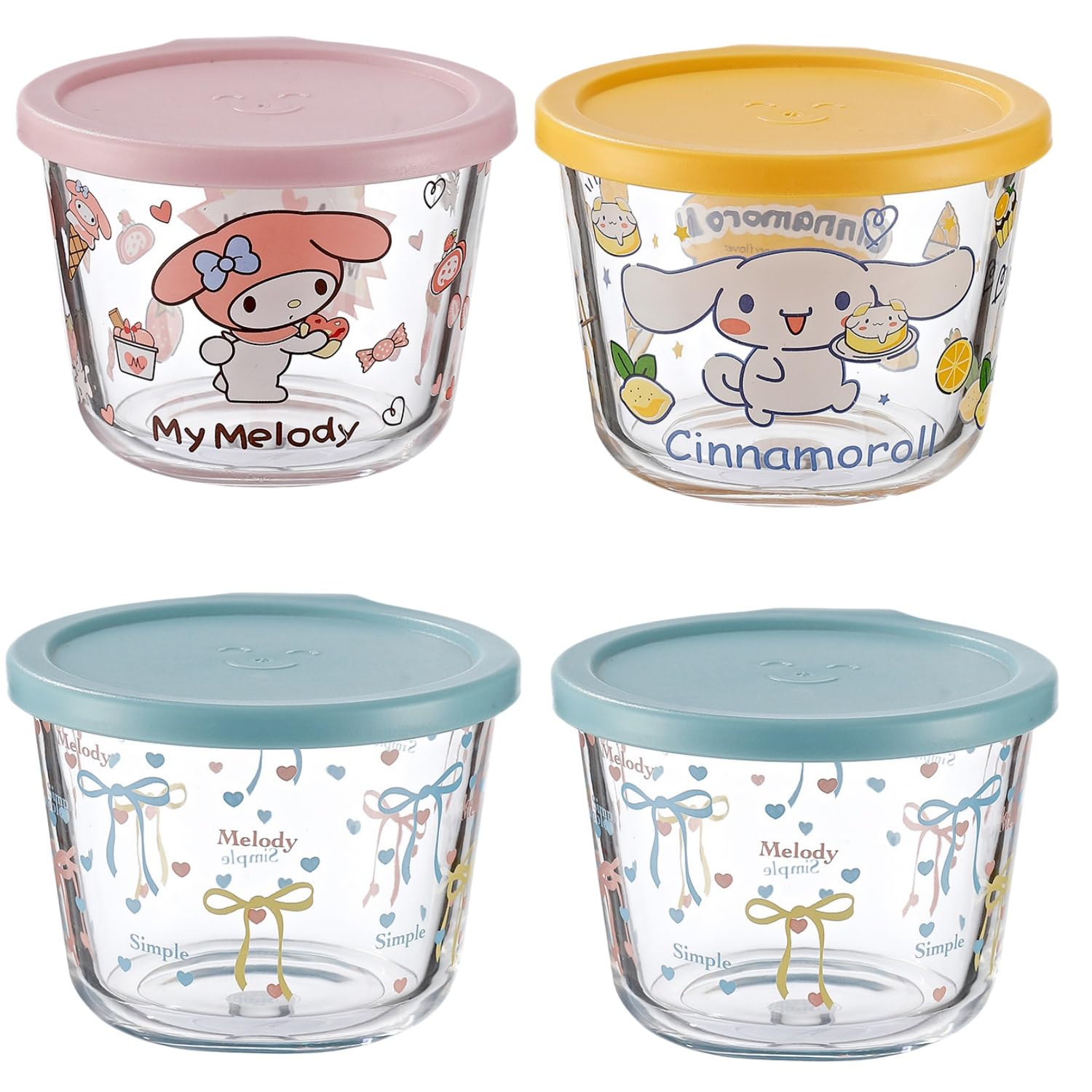 4 Pack 9 OZ Small Cute Glass Containers with Lids,Clear Food Jars Airtight Glass Food Container for Food Portion,Overnight Oats,Pickles,Dipping Sauce,Snack,Yogurt (pink yellow blue)