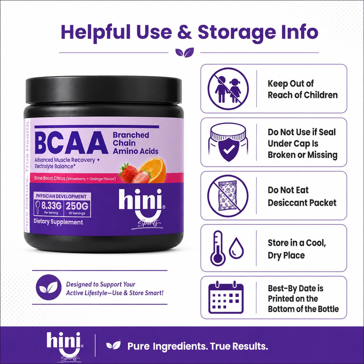 HINI BCAA Powder, 2:1:1 Branched Chain Amino Acids with Electrolytes, 6000mg BCAA Blend, L-Leucine, L-Isoleucine & L-Valine, Strawberry Orange Flavor, 250g, 30 Servings — Amazon image 7