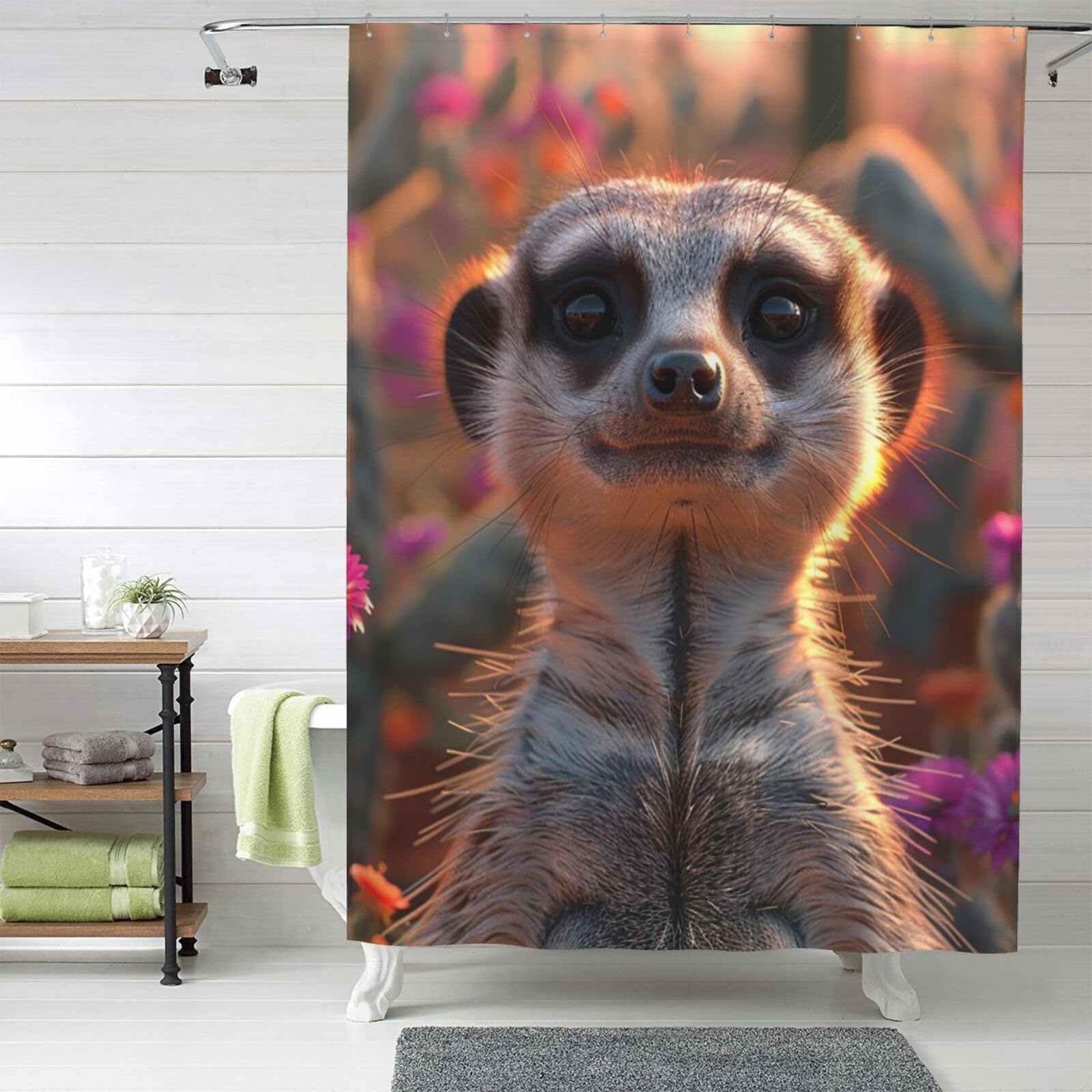 MXZERFKGLA Shower Curtain Set with 12 Hooks Waterproof Fabric Washable Curtain Modern Farmhouse Bath Curtains Meerkats Shower Curtains for Bathroom Bathtub Decoration 60x72 Inches