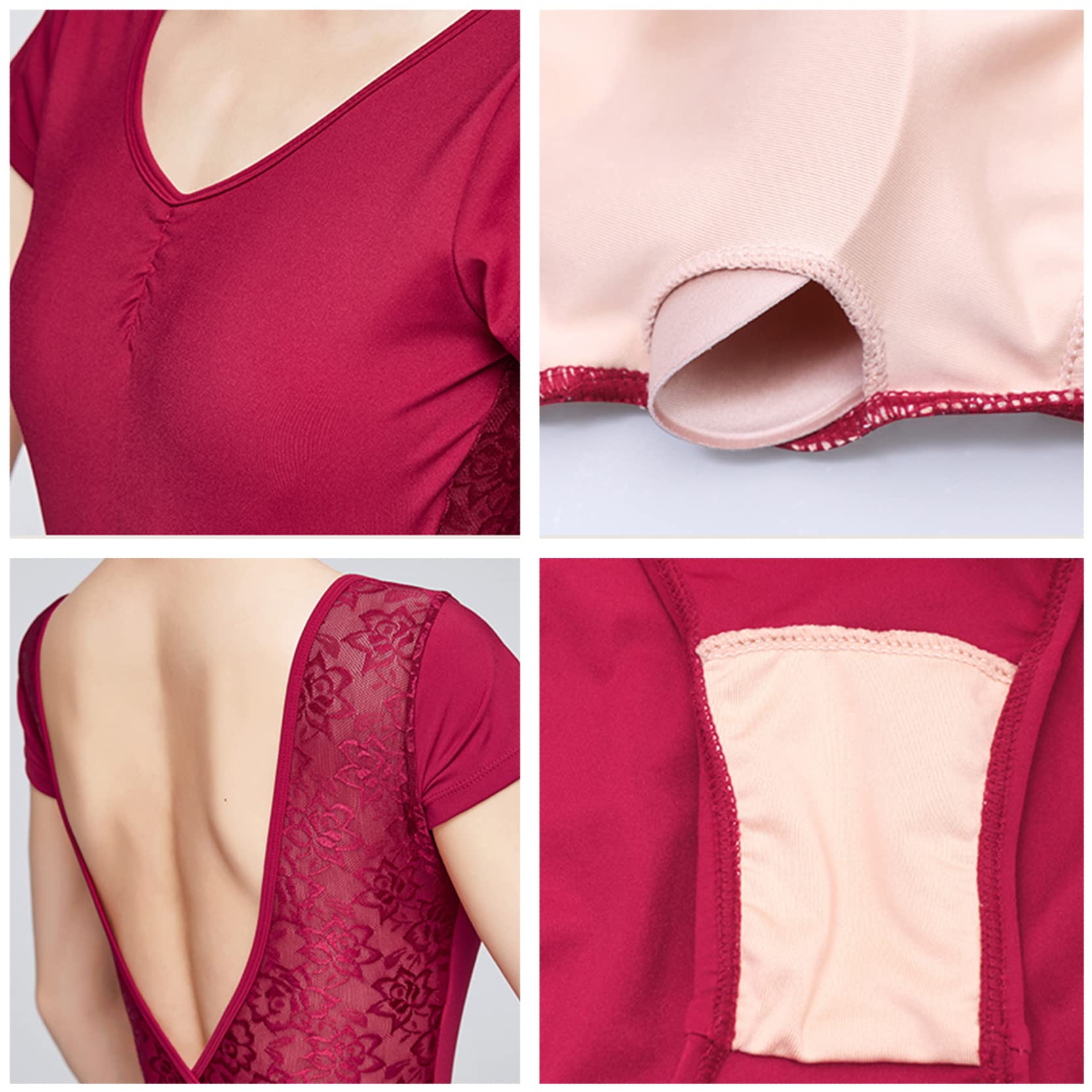 Ballet Turnpakje Dames/Meisjes Gymnastiekpakjes Korte mouw Kant V-hals Dans Turnpakje Zachte stretch Studenten Sport Yoga Bodysuit Danskostuums,Brown-S
