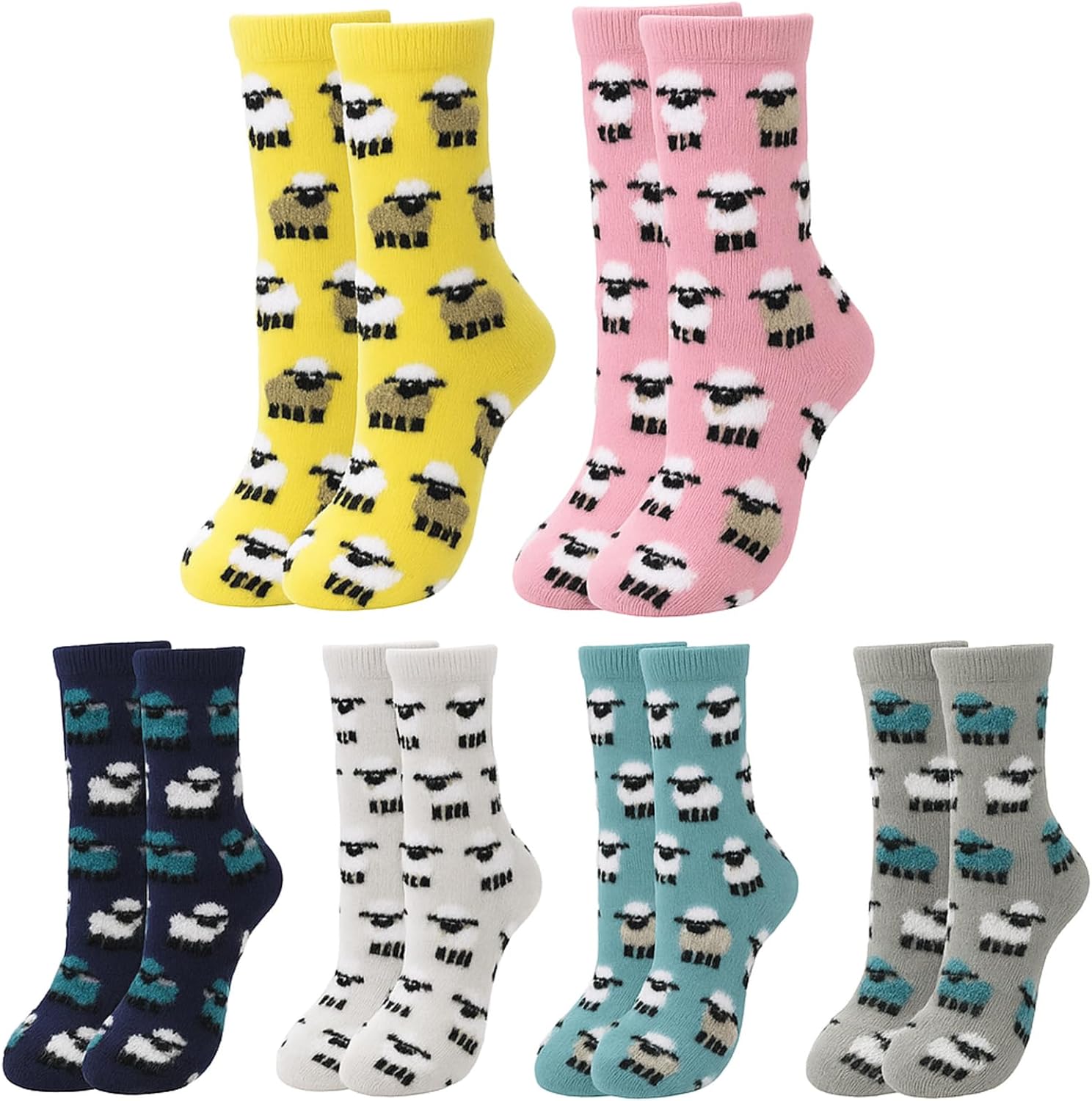 6 Pairs Fuzzy Socks for Women Girls, Cute Animal Crew Socks, Soft Funny Cotton Sock for Animal Lover Gift