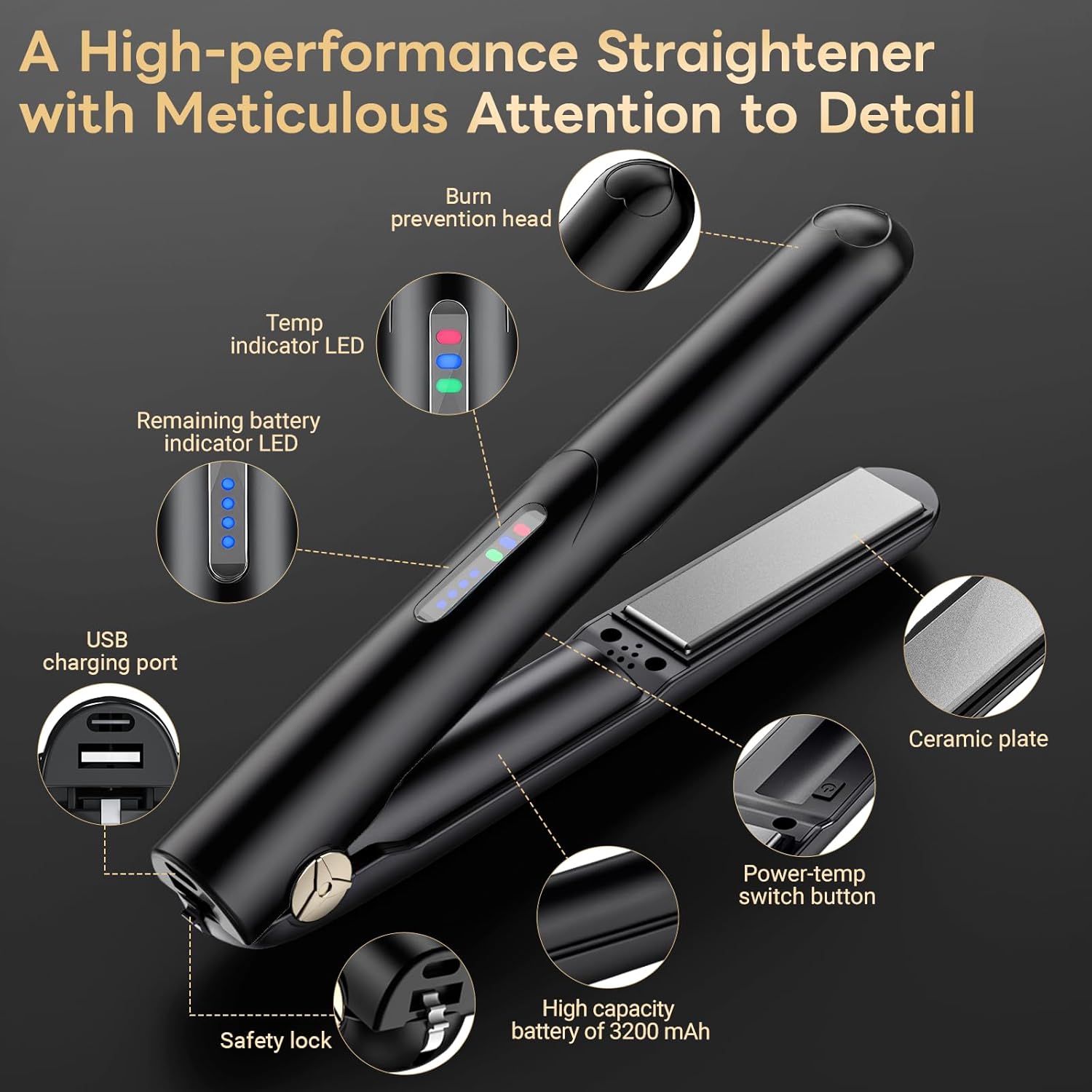 Cordless Hair Straightener 2 in 1 Mini Curler with Emergency Phone Charger Fast Heat 30s 3200mAh Battery 3 Temp up to 390℉ USB-C Rechargeable Portable for All Hair Types(Black) - Image 6
