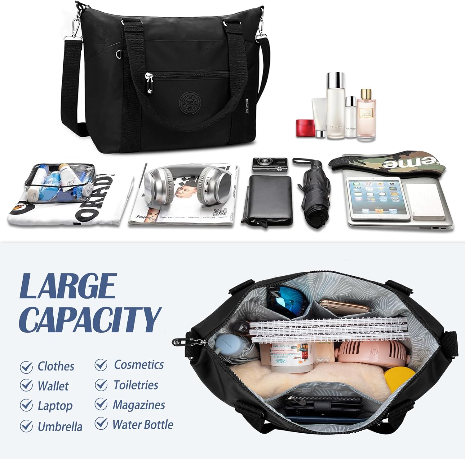 Small Travel Gym Duffel Bag for Women, Waterproof Nylon Weekender Overnight Bag Personal Item Carry on Bags for Airplanes Hospital Sports Fitness Dance Mommy Tote