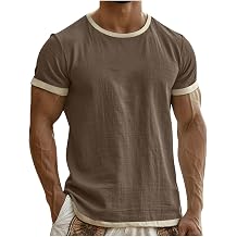Linen Tee for Men Contrast Round Neck Short Sleeve Top