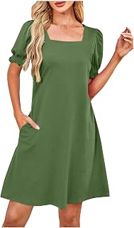Women's Square Neck Dresses Short Sleeve Casual A Line Swing Smocked Mini Dress Summer Fall Fashion Solid Outfits