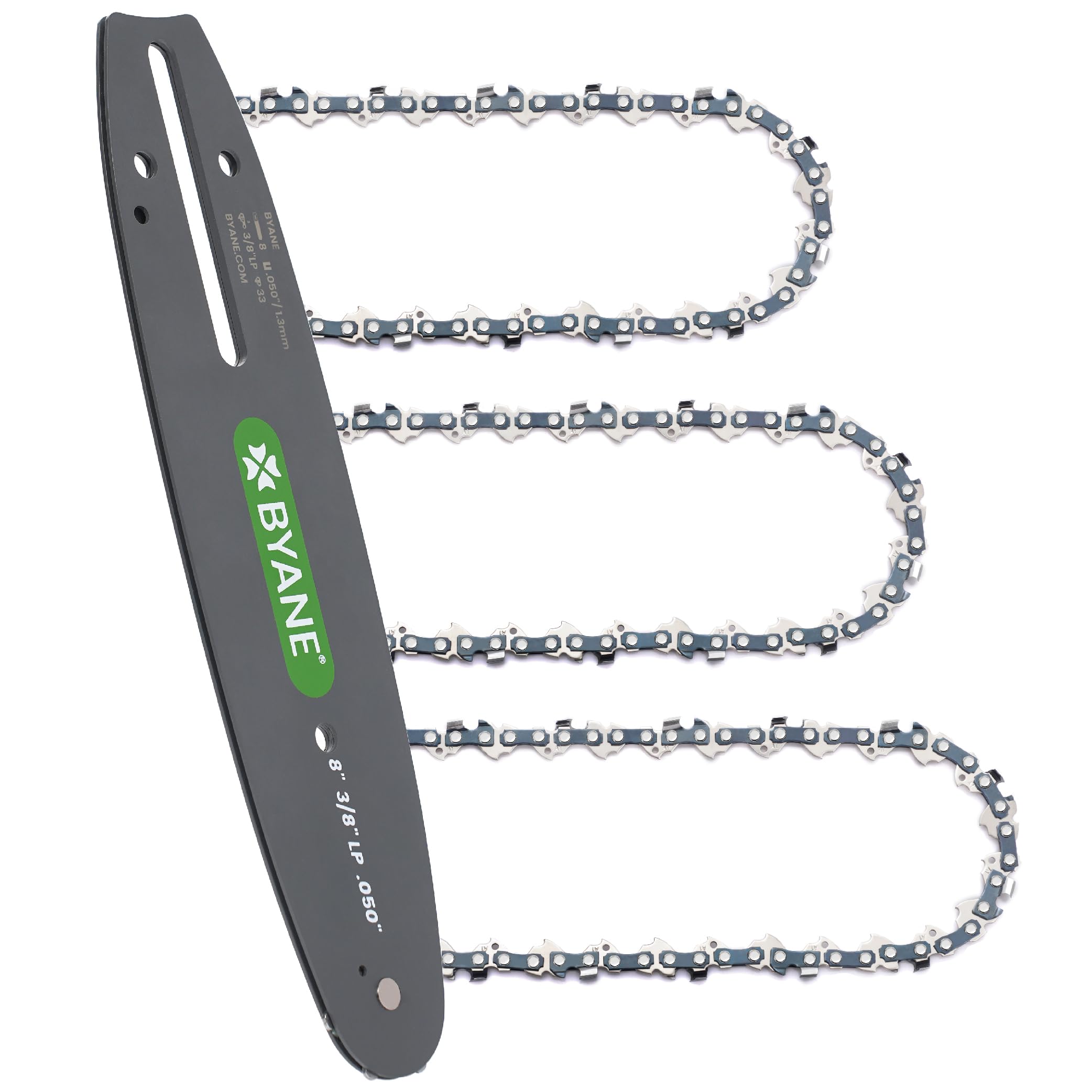 Byane 8 Inch Chainsaw Bar and Chain Combo, 3/8" LP Pitch, 050" Gauge, 33 Drive Links Fits Greenworks, Sun Joe, Chicago, Portland, Kobalt, Earthwise and More- S33