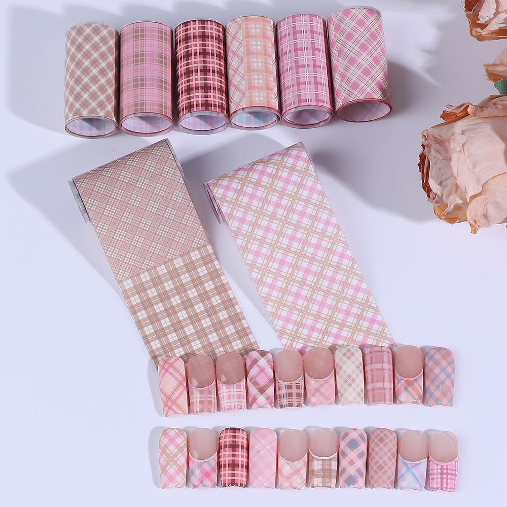 10Rolls/1Box Pink Plaid Nail Art Stickers Checkered Prints Nail Stickers Starry Paper Geometric Lines Swirls Nail Decals Holographic Transfer Foil Sticker Nail Supplies for Women DIY Decor image 3